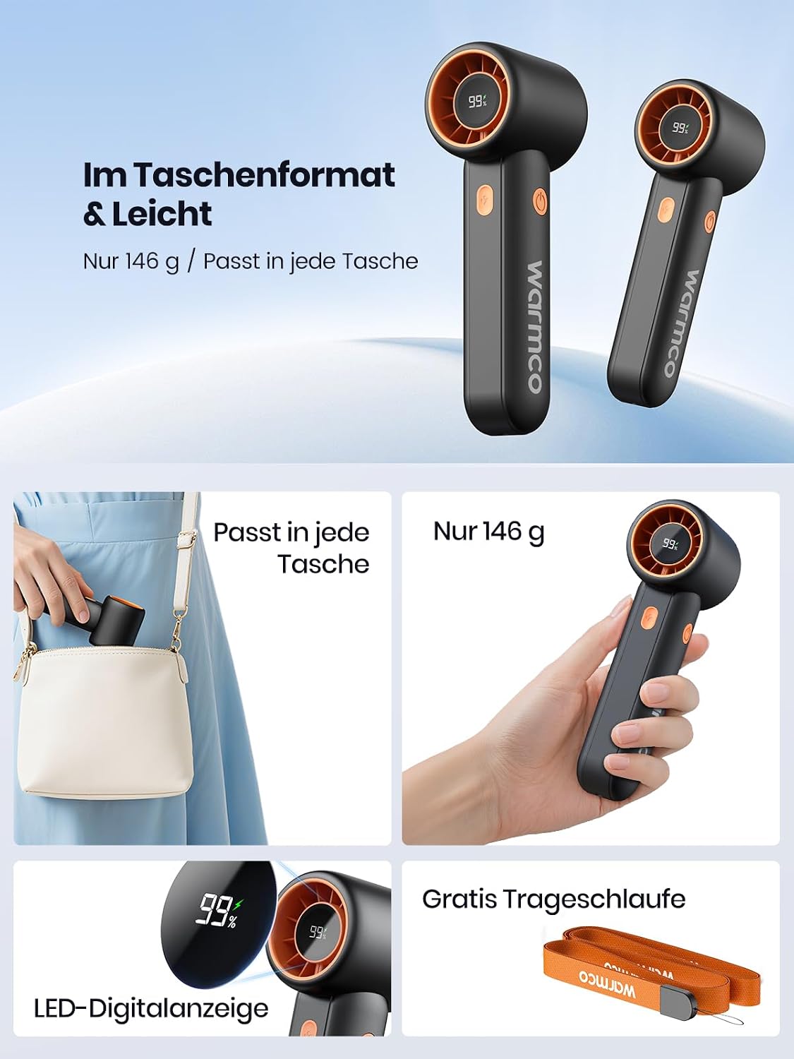 Detalle de Warmco Tragbarer Handventilator – kompakter Reiseventilator mit 5 Geschwindigkeiten, 5000 mAh