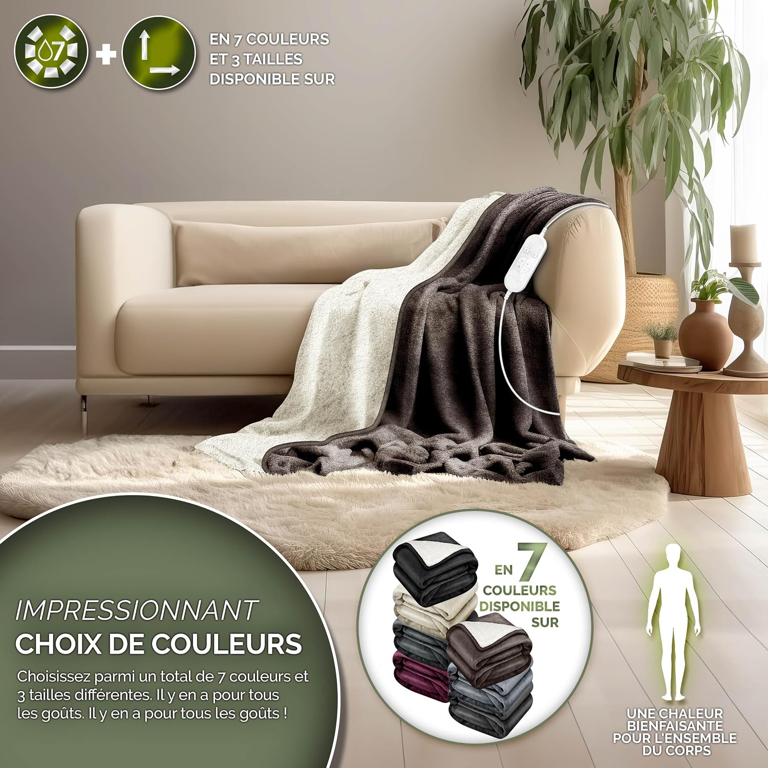 Detalle 2 de sinnlein® Couverture chauffante 180 x 130 cm – chaleur douce, arrêt automatique et lavage en machine