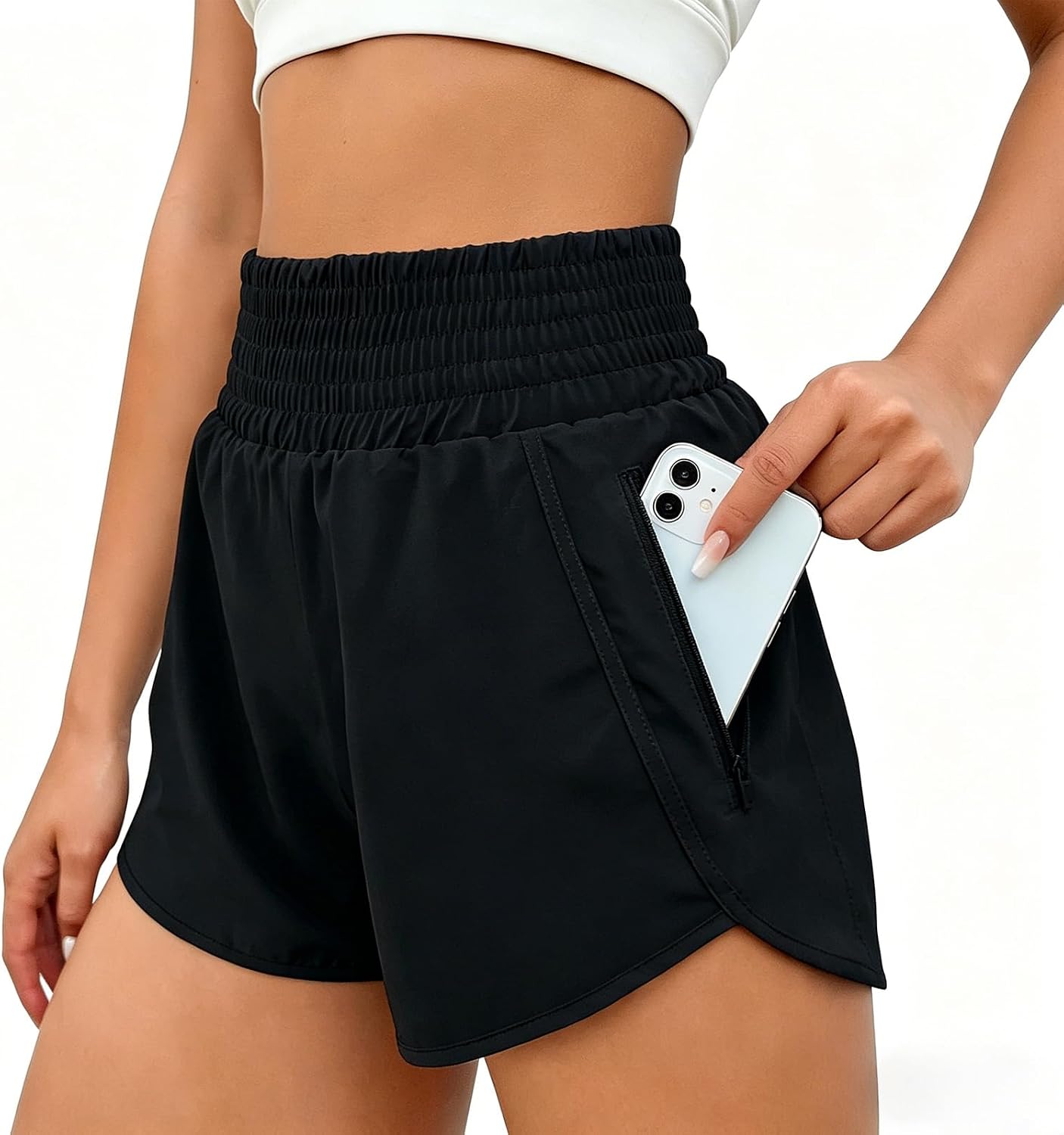 Detalle de JiaYouLC Women's 2 in 1 Running Shorts with One-Side Pocket – Quick-Dry, Lightweight and Flexible