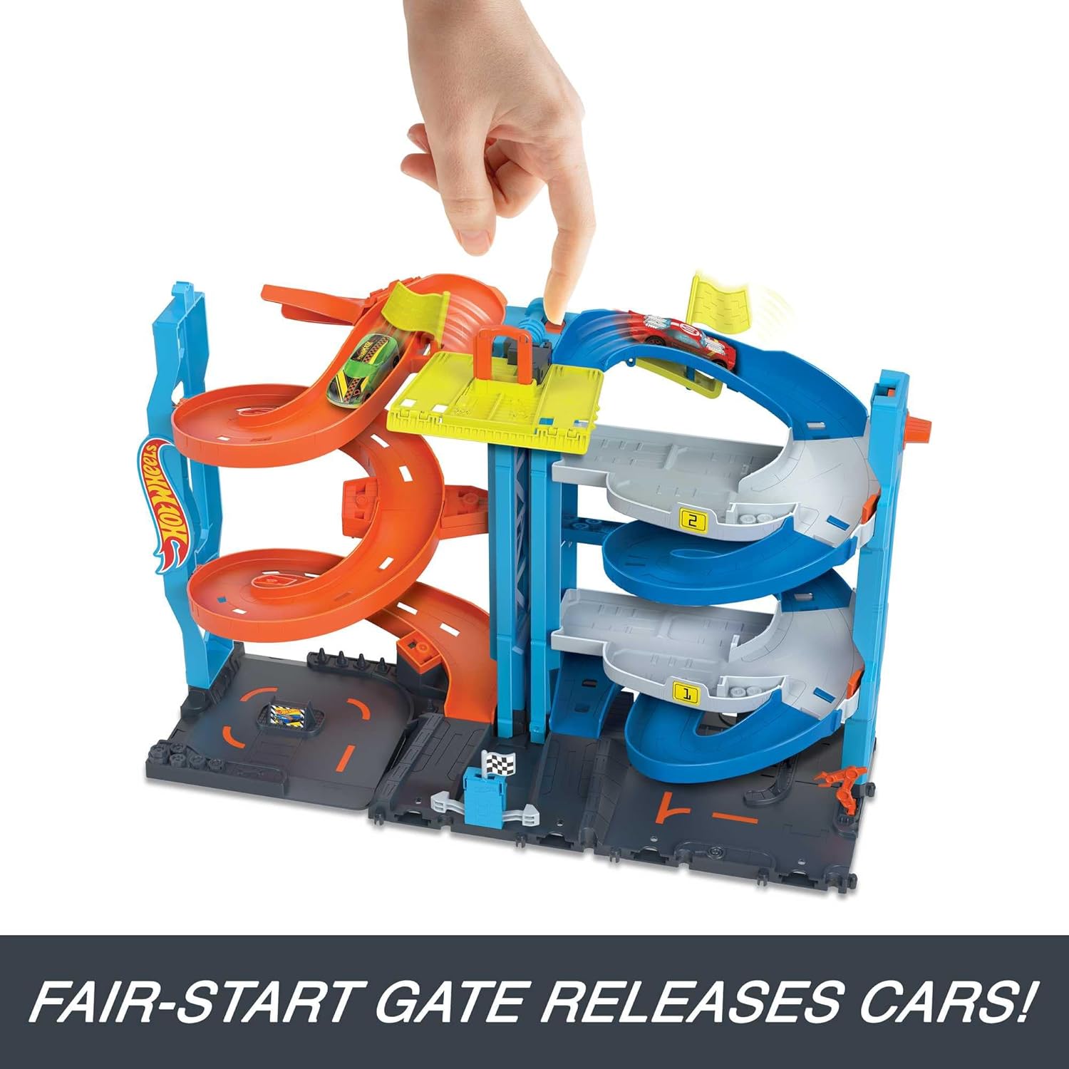 Detalle de Hot Wheels City Trackset 2-in-1 Rennturm mit 1 Hot Wheels Auto (HKX43) – Umwandlung von Einzelbahn zu zweispuriger Rennbahn