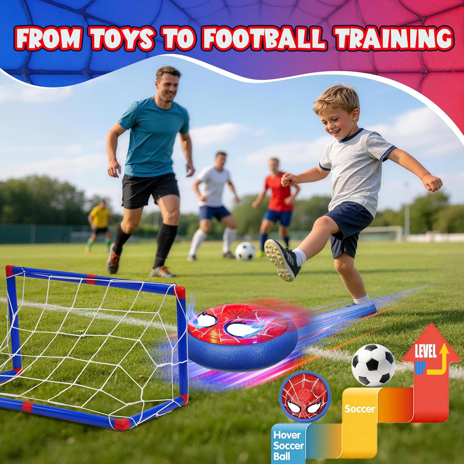Detalle 2 de Lubolee Hover Fussball Set mit 2 Toren & LED-Augen – Indoor/Outdoor Spielspaß für 3–12 Jahre