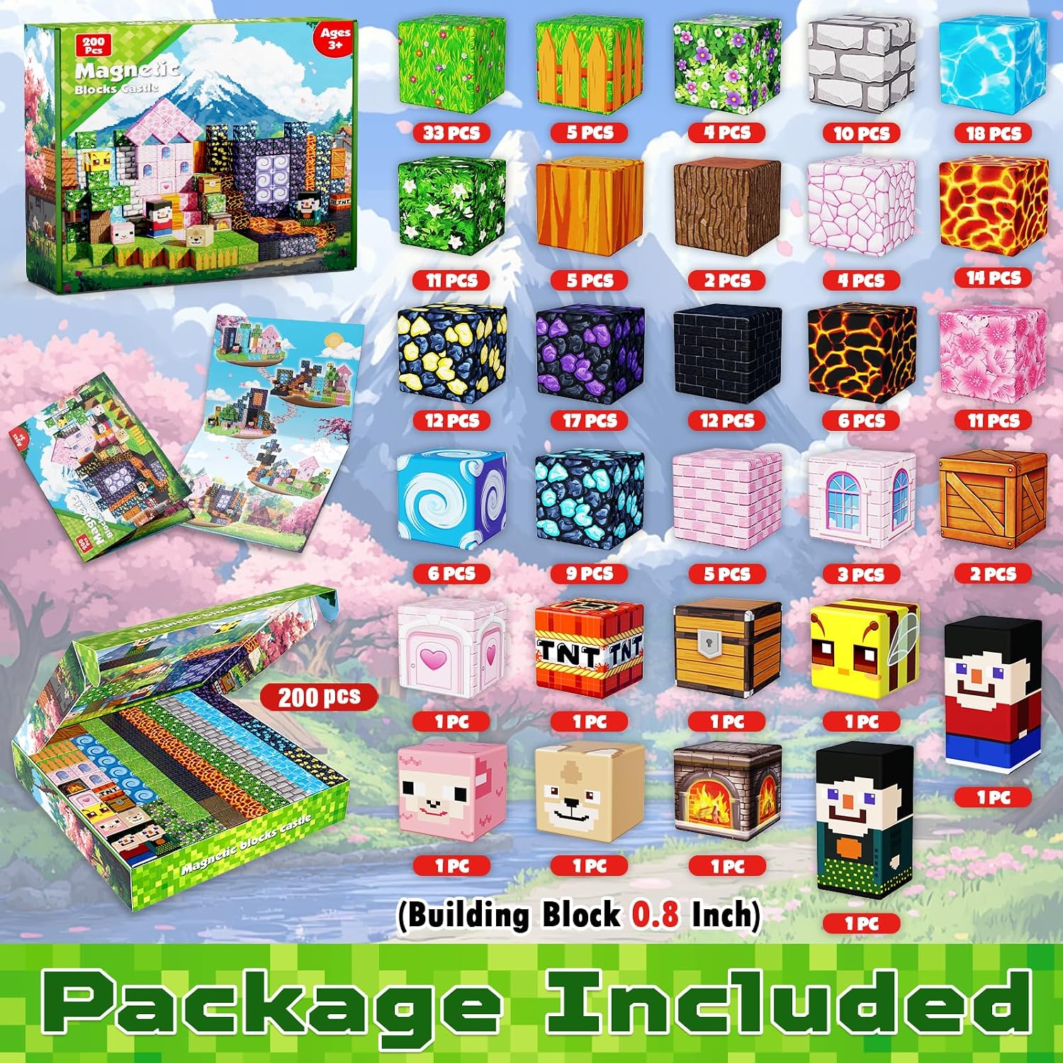 Thumbnail 1 de GraceDuck Costruzioni Magnetiche: 200 Blocchi per Foresta Oscura e Castello Rosa, Montessori per bambini 3–9 anni