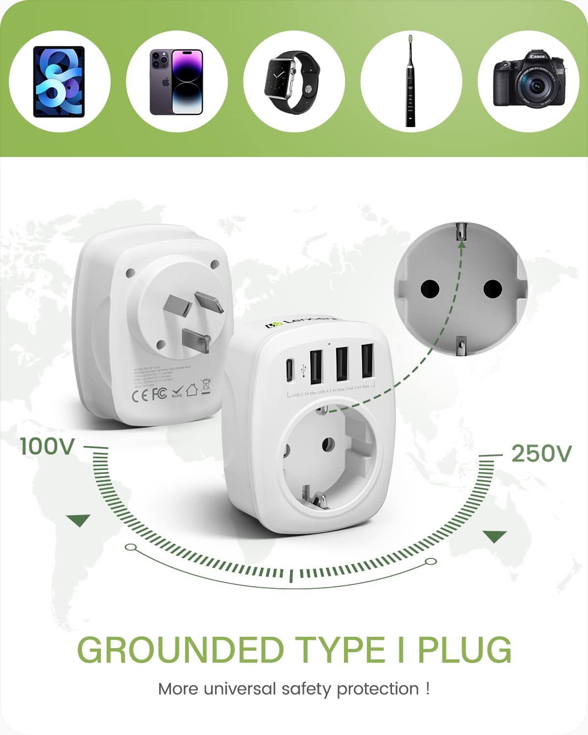 Thumbnail 1 de LENCENT Reiseadapter Australien/Deutschland mit 3×USB und 1×USB‑C (Typ I), Netzadapter für AUS/CN