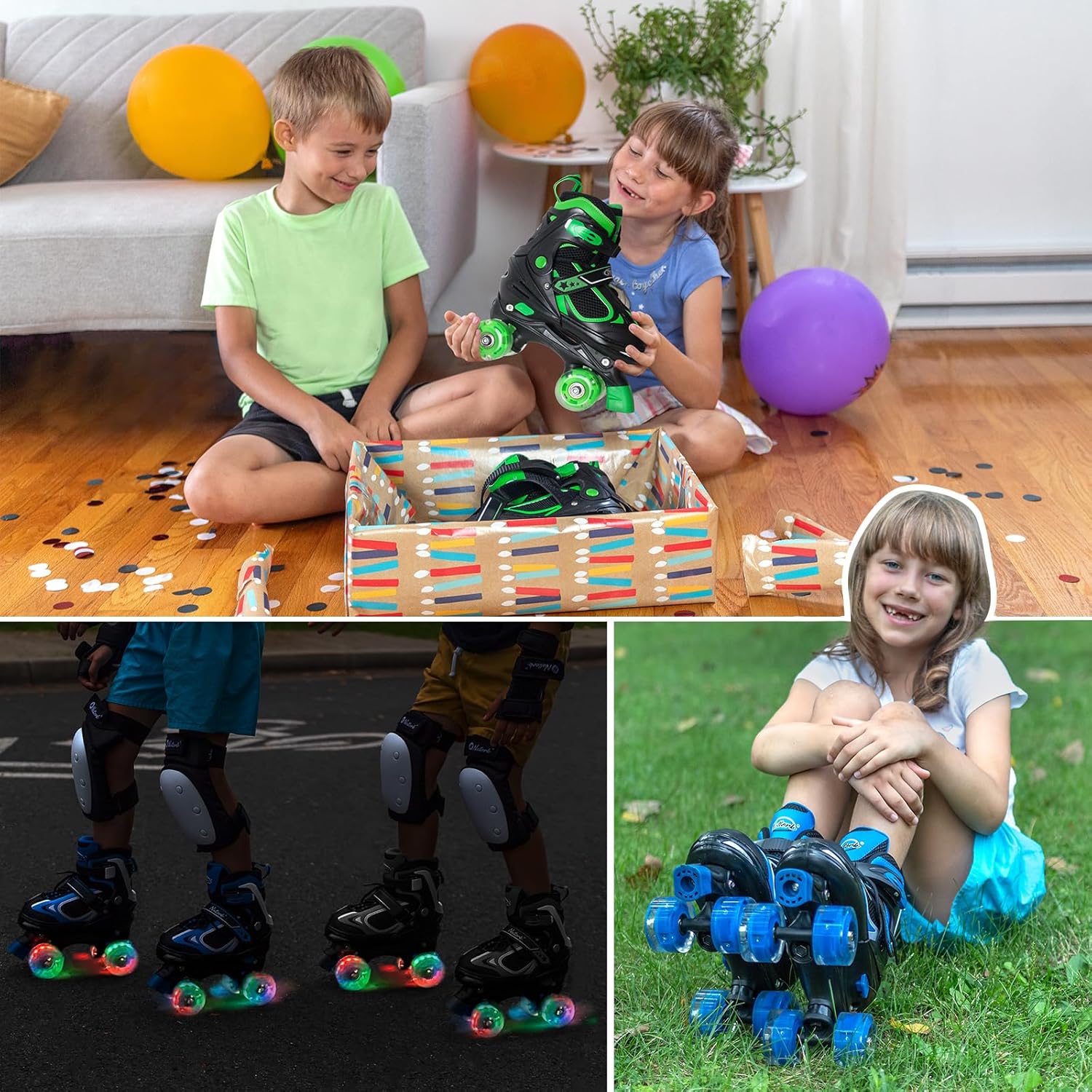 Detalle de Nattork Kids Adjustable Quad Roller Skates with Light-Up Wheels