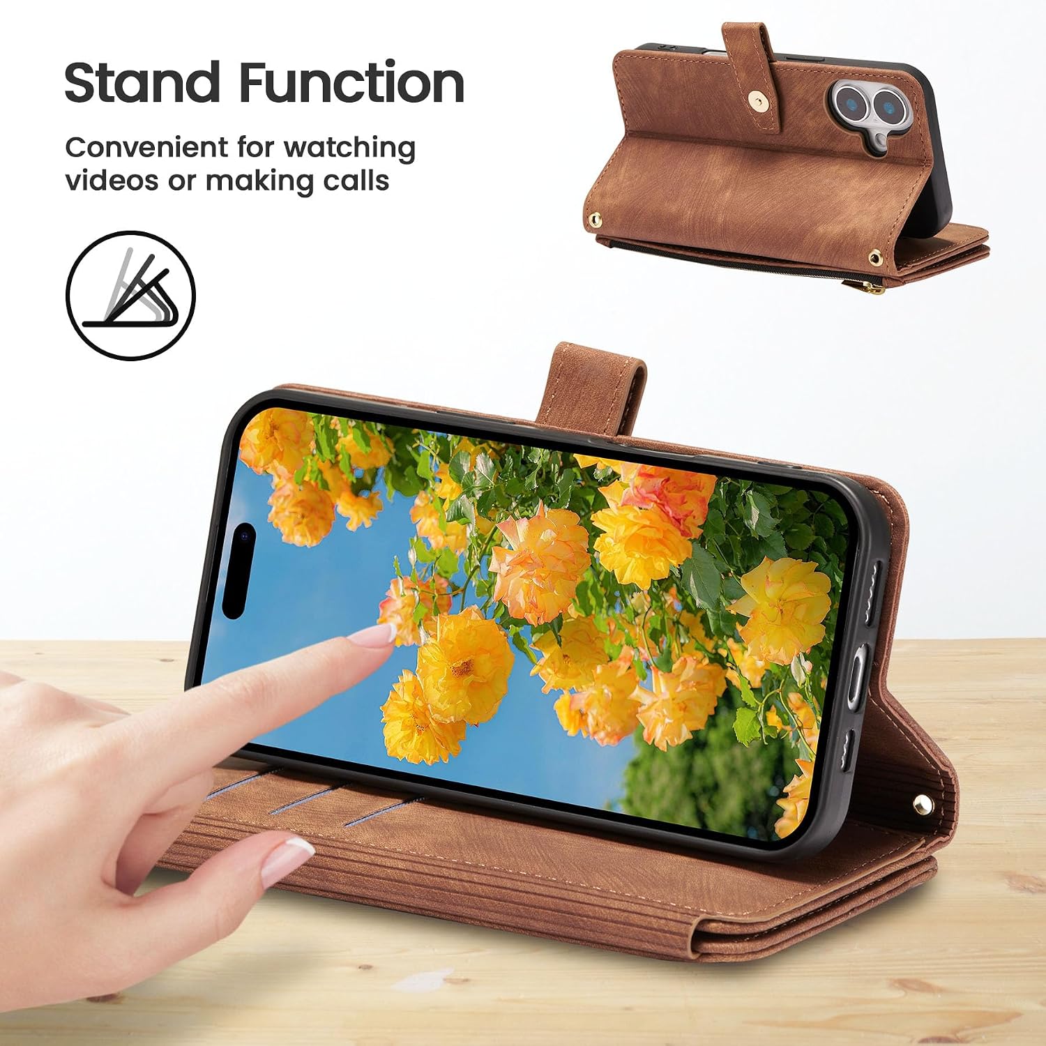 Detalle de ZCDAYE Wallet Phone Case for iPhone 17 (6.3”) with Lanyard – Brown