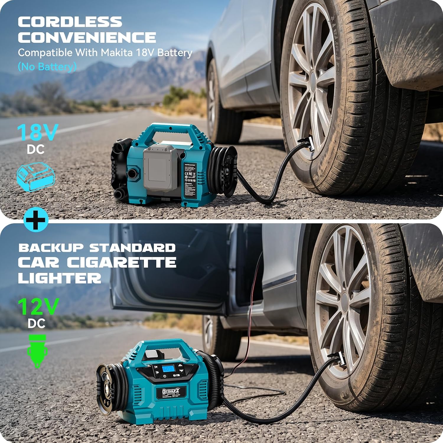 Detalle de 3X Faster Tire Inflator/Deflator with Makita 18V Compatibility — DIYtoolifz 160 PSI Cordless Air Compressor Pump (Tool Only)