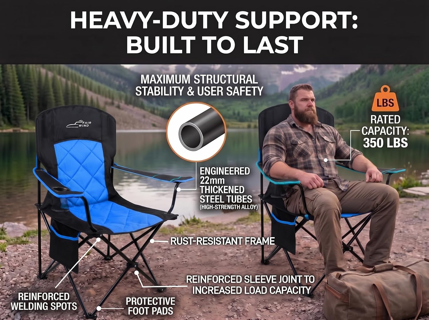Detalle de FAIR WIND Camping Chair 2 Pack: Heavy-Duty, Fully Padded Seat with Side Pocket and Cup Holder