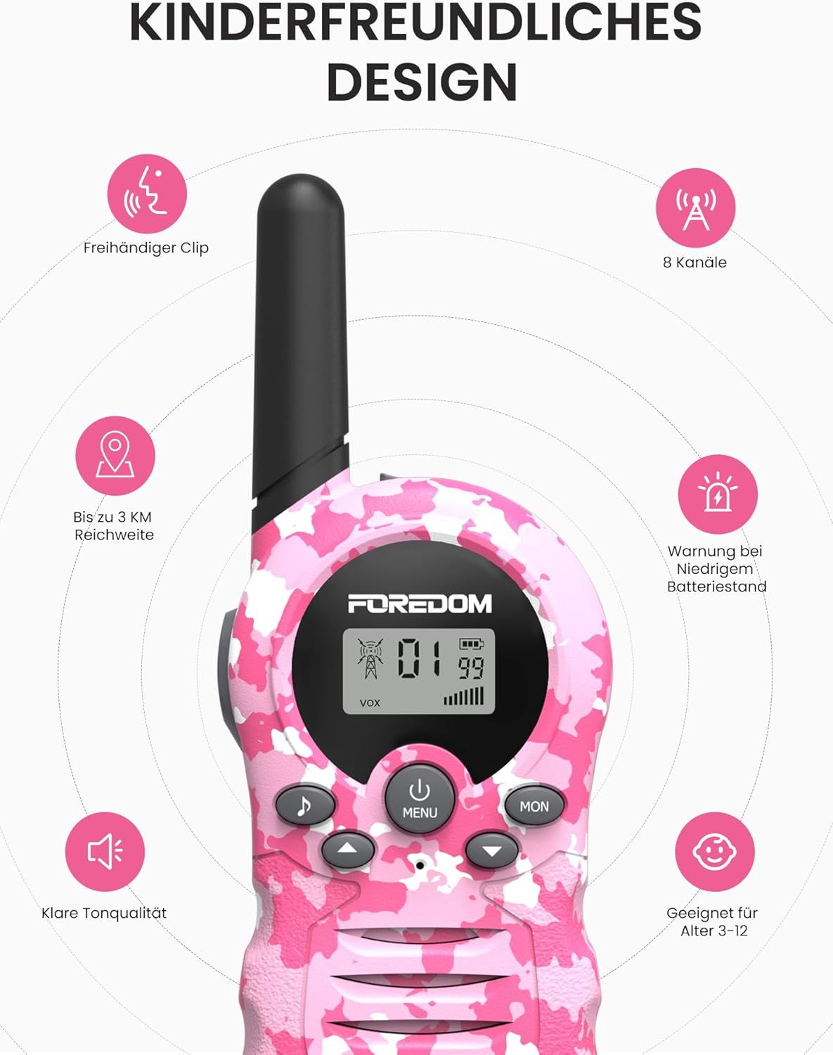 Detalle de FOREDOM Kinder-Walkie-Talkies 2er-Set (3–12 Jahre) mit 8 Kanälen, LCD-Display & 3 km Reichweite