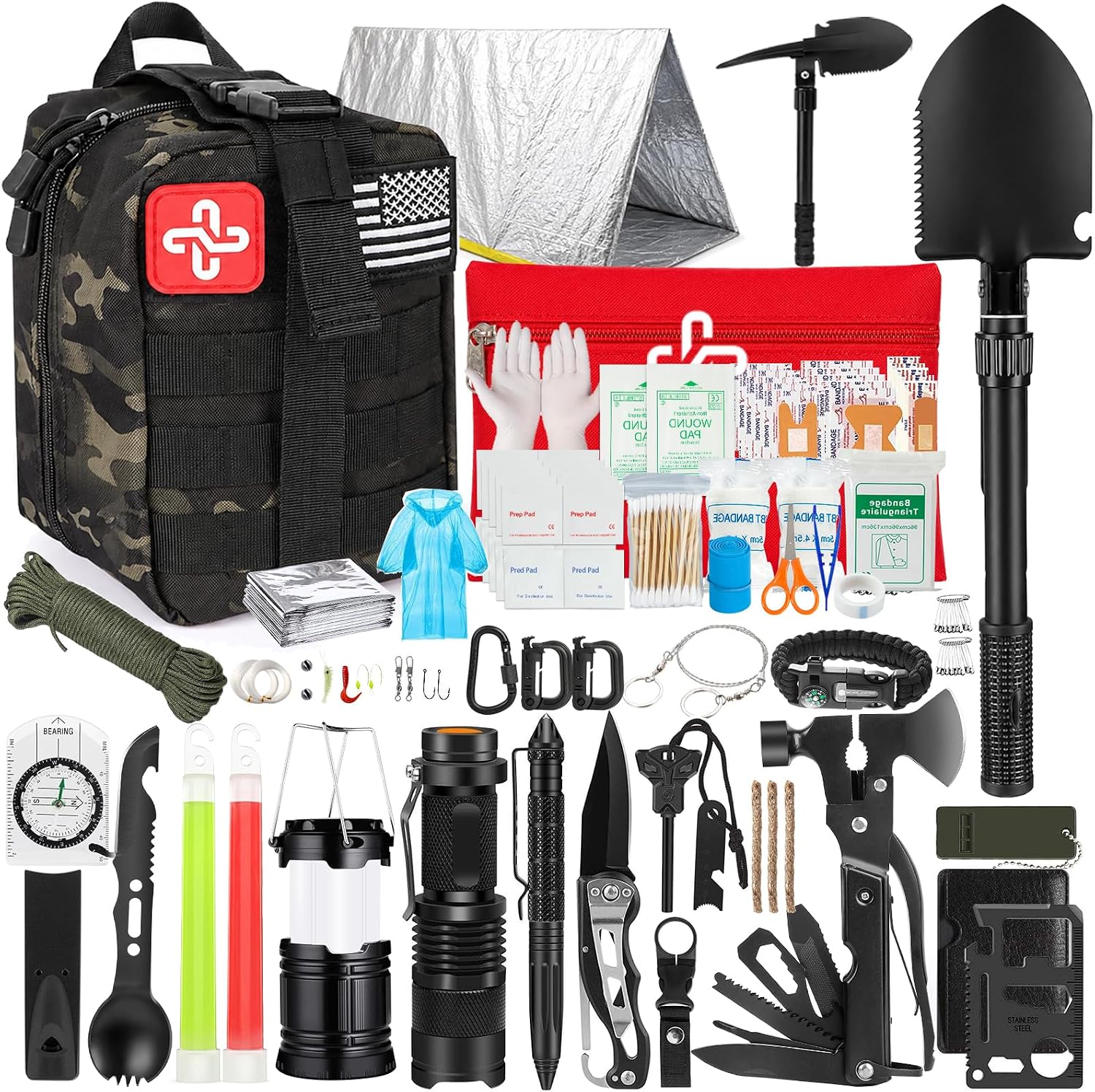 Detalle de HIHEGD HHG-BIGQSGJ 250-Piece Survival Kit with MOLLE Bag and Emergency Shelter