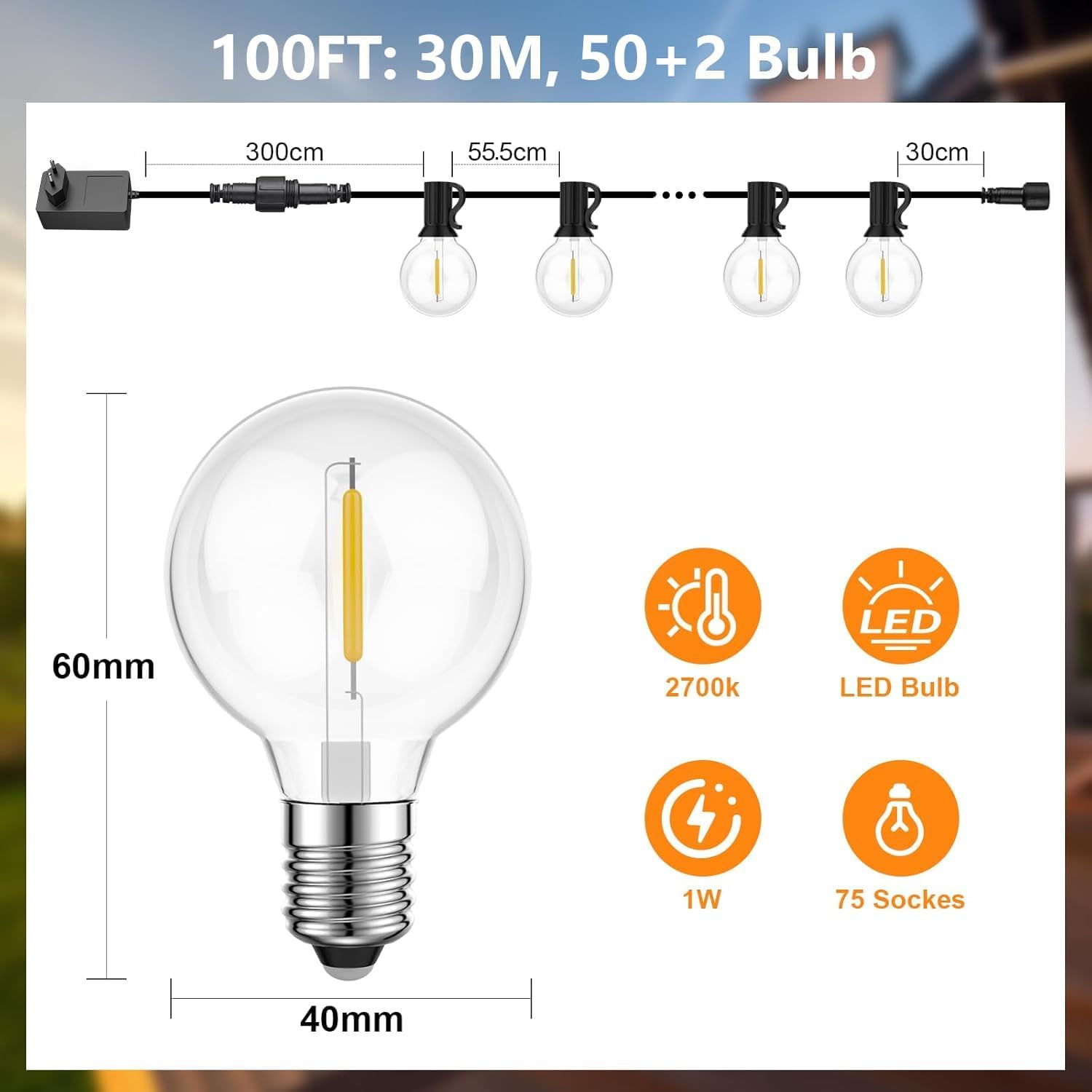 Thumbnail 3 de GPATIO LED-Lichterkette für außen (30 m, IP45) mit G40-Birnen – warmes Licht für Garten, Balkon & Terrasse