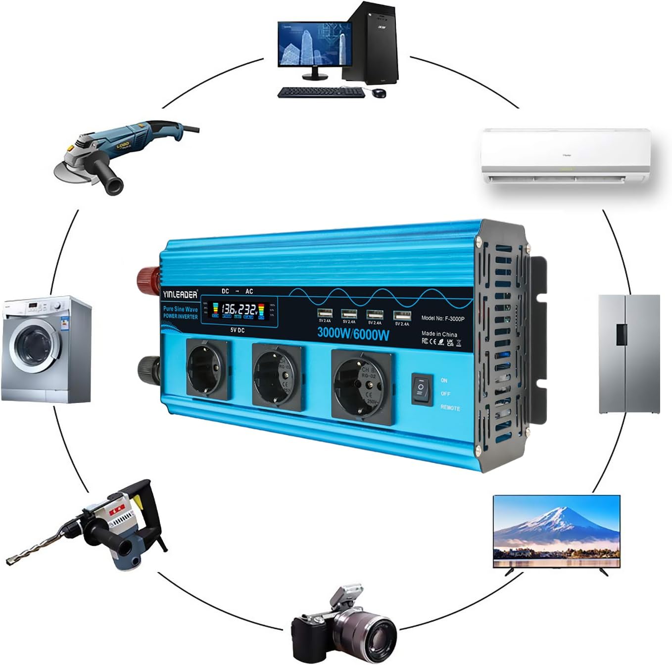 Thumbnail 3 de Yinleader Wechselrichter 3000W/6000W – Reiner Sinus 12V auf 230V mit 3 EU-Steckdosen und 4 USB