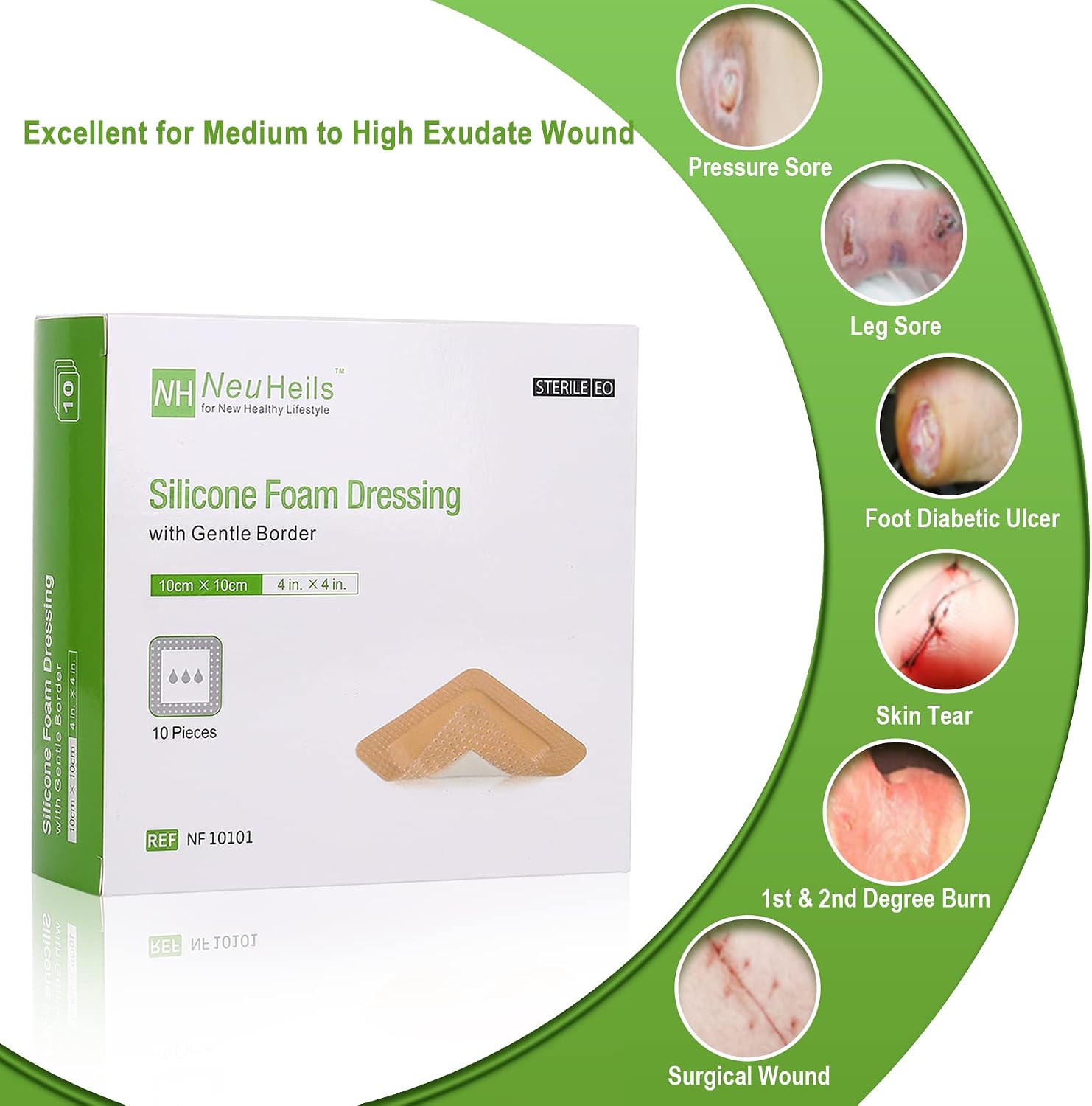 Detalle 2 de NEUHEILS NeuHeils Silicone Adhesive Foam Dressing 4''x4'' (10 Pack) for Bed Sores & Leg Ulcers