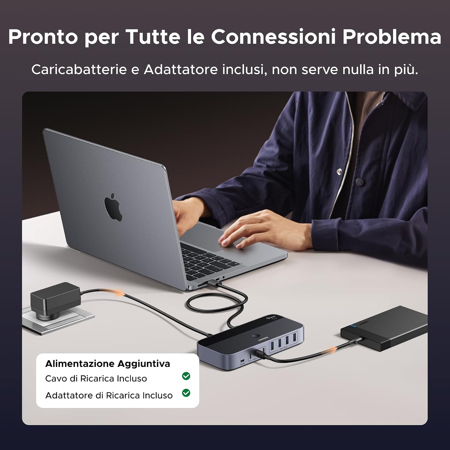 Detalle 2 de UGREEN Switch USB 5Gbps KVM per 2 PC con 7 porte e alimentatore DC 12V/2A (commutatore USB)