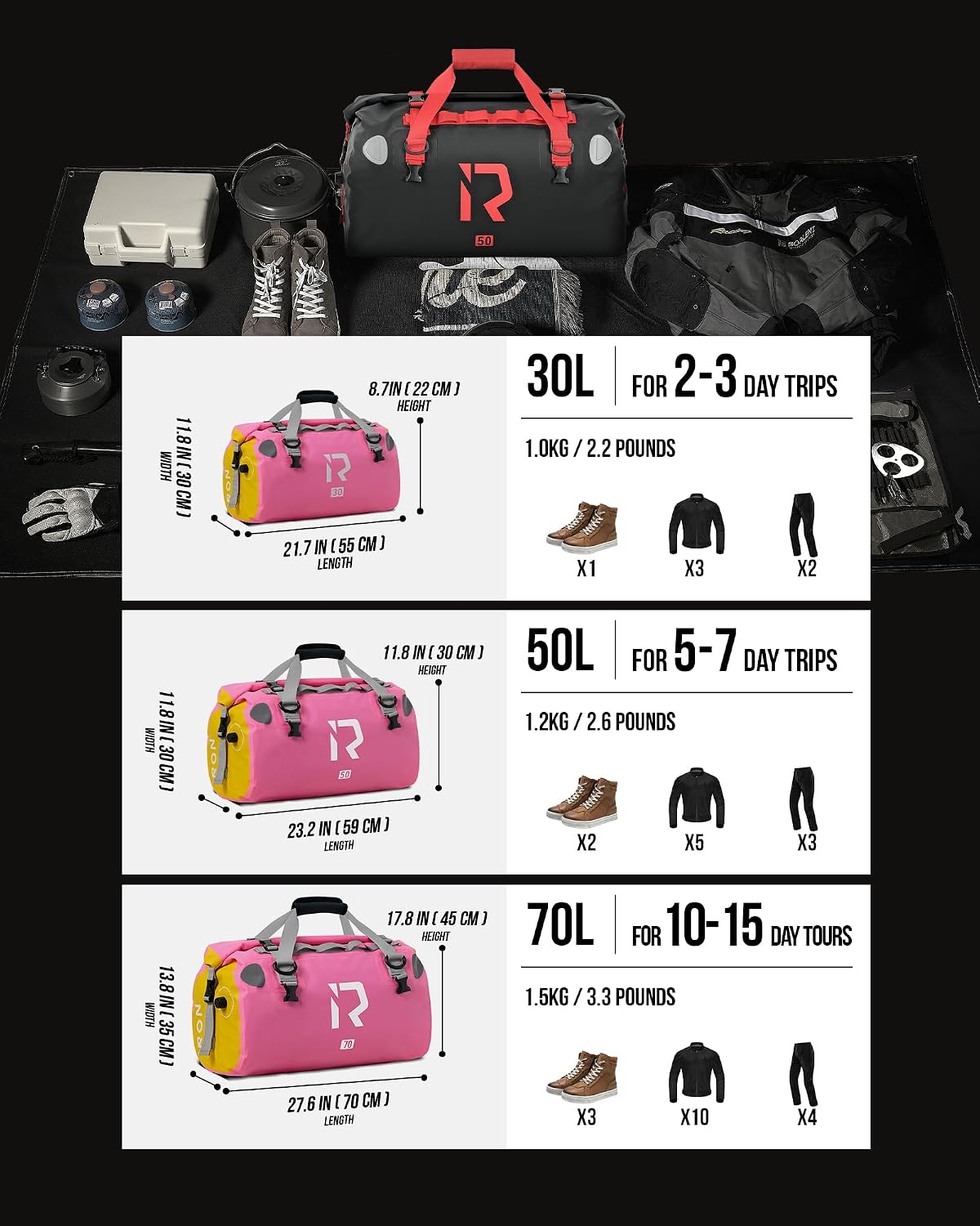 Thumbnail 4 de IRON JIA’S Borsa moto impermeabile posteriore da viaggio Rosa 50L (sella posteriore)