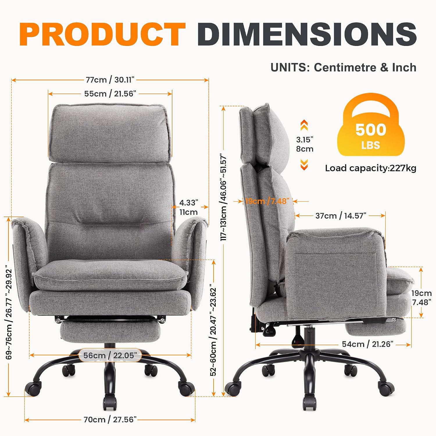 Detalle de IWMH Ergonomischer Bürostuhl XXL 227 kg – Chefsessel mit Fußstütze, Kopfstütze und 135° Neigefunktion (Grau)