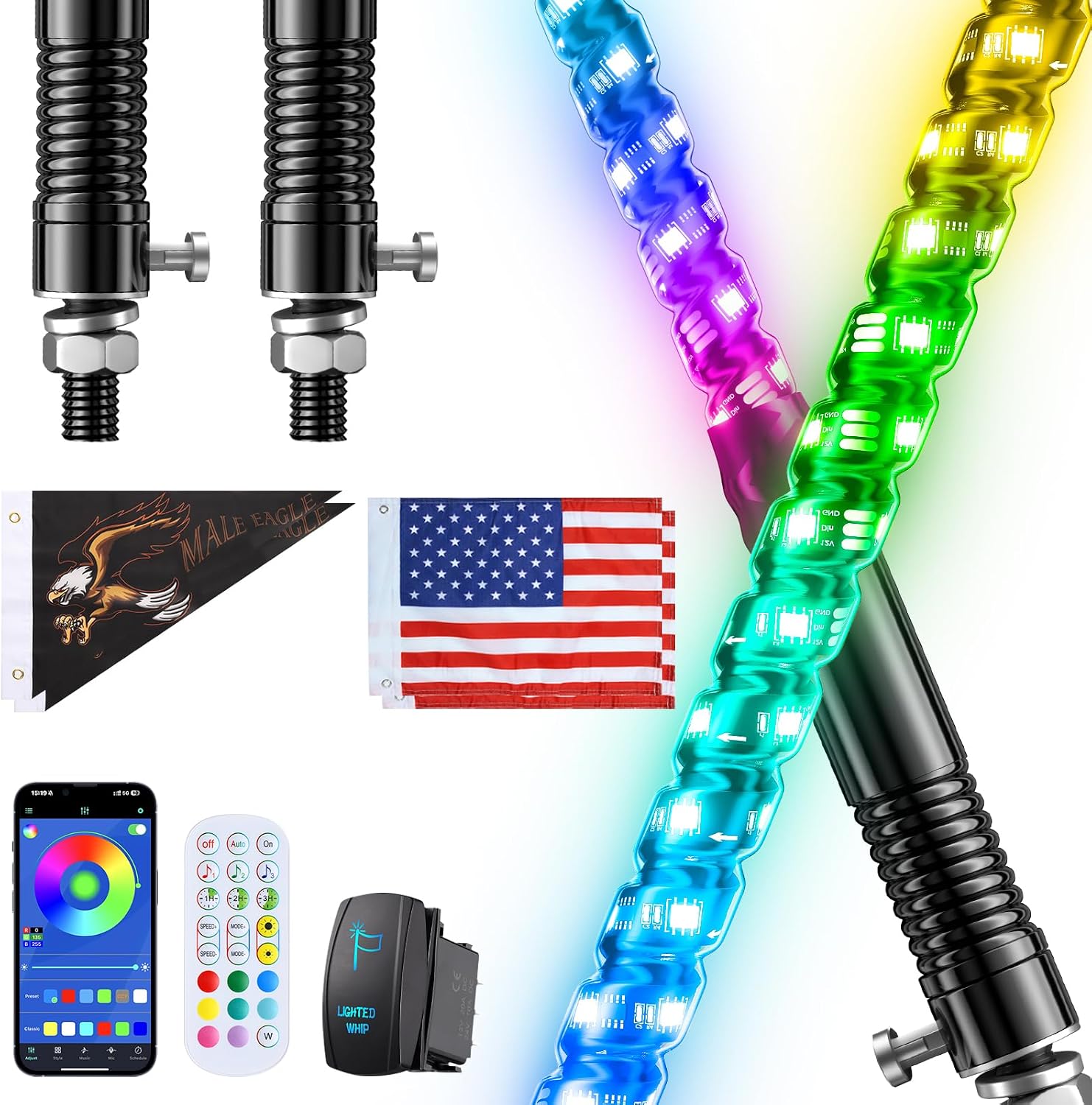 Detalle de Ehaho B-WPL-3FT2 3-Foot RGB LED Whip Lights, 2-Pack with App and Remote