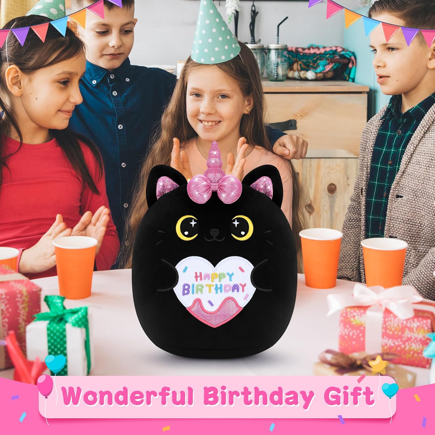 Thumbnail 3 de 11.6-inch Black Cat Happy Birthday Plush – cuddly kitten hugging pillow toy