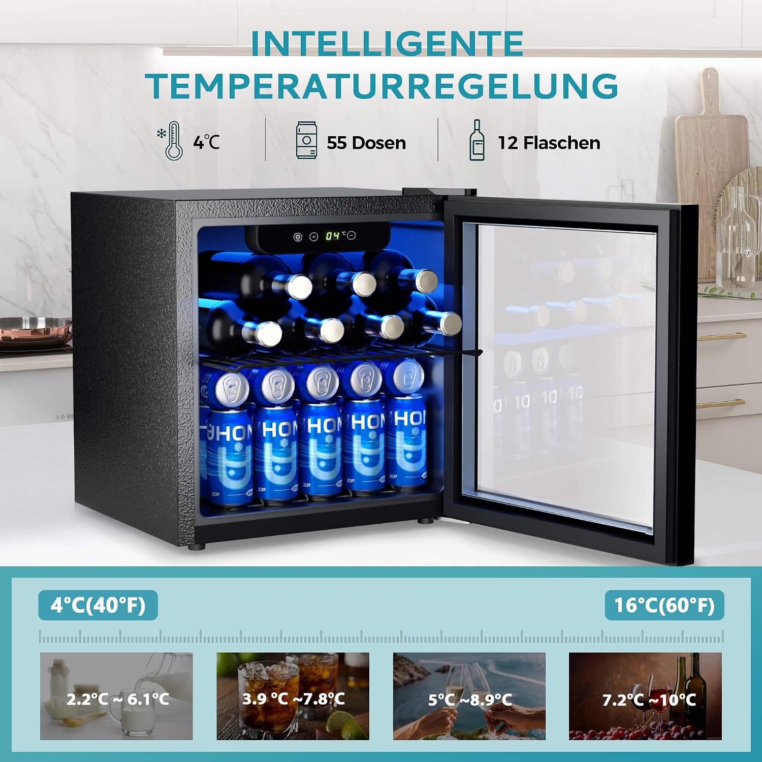 Detalle de EUHOMY Getränkekühlschrank mit Glastür, 36 l für bis zu 55 Dosen, 43 dB, schwarz