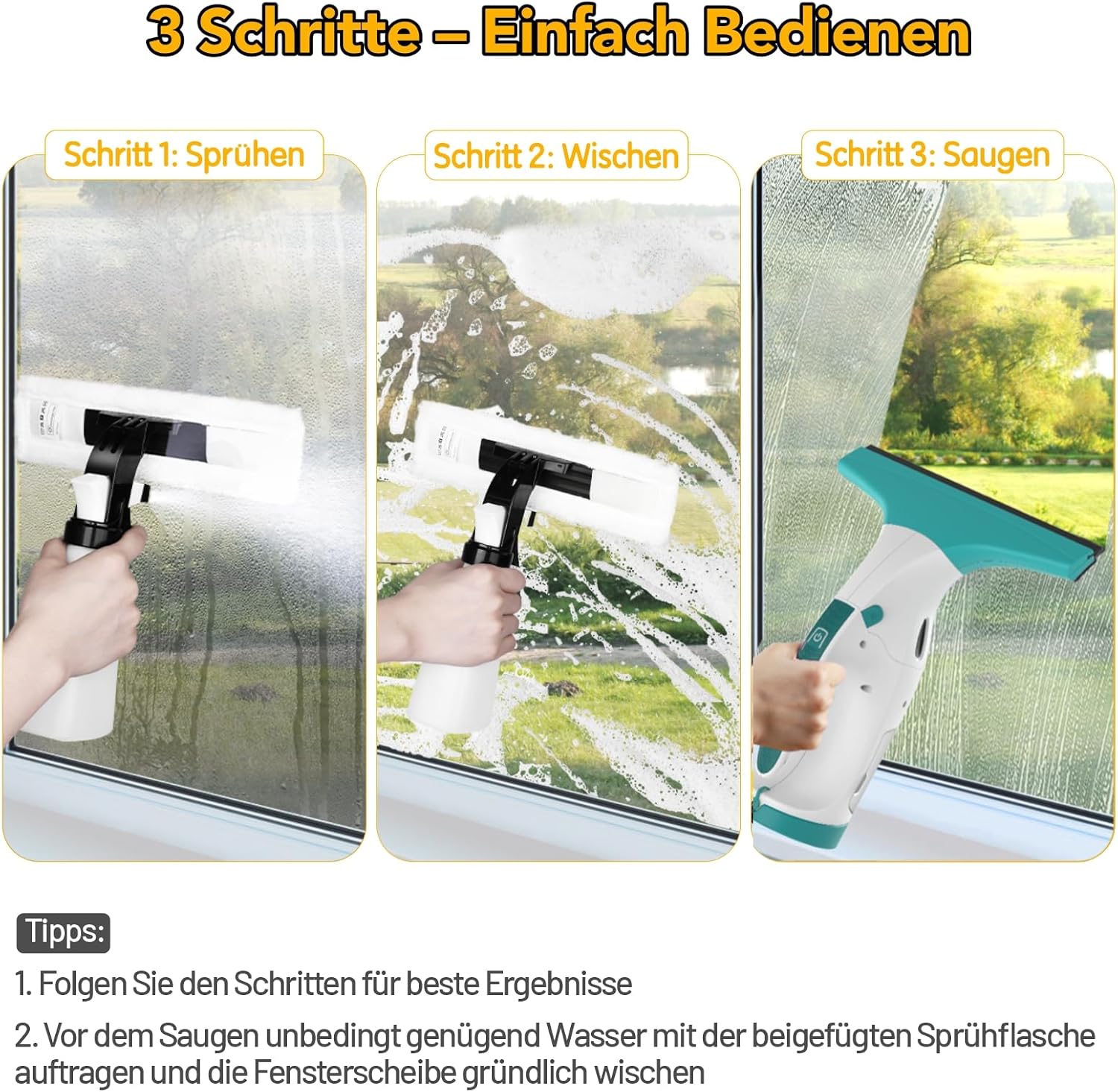 Thumbnail 4 de Fenstersauger mit 28 cm & 17 cm Doppelsaugdüsen – kabellos, 40 Minuten Laufzeit, 270 ml Wassertank
