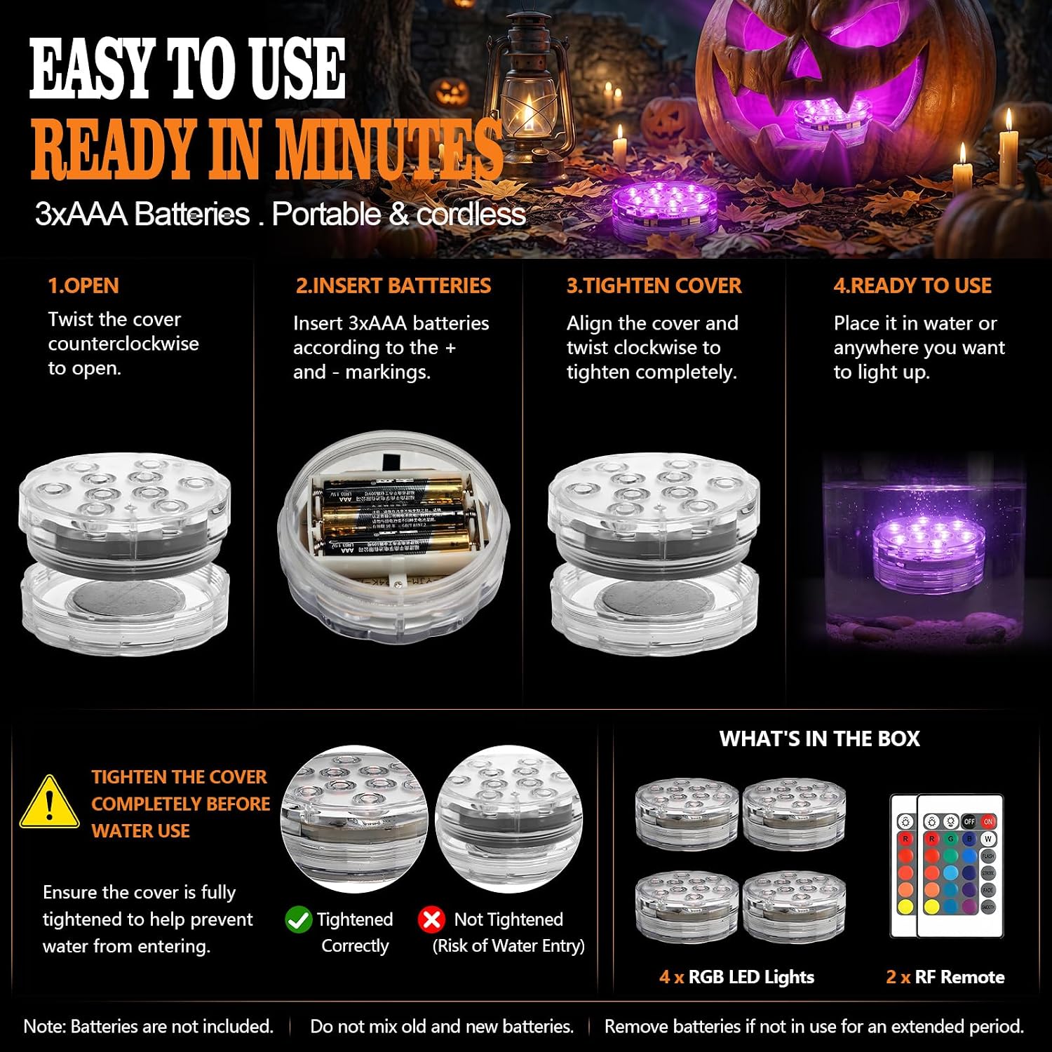 Thumbnail 4 de POLENTAT SY-HWSLRGB Halloween Pumpkin Lights, RGB Submersible LED 4-Pack