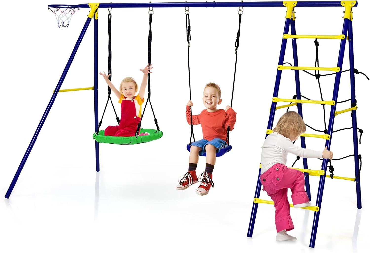 Thumbnail 6 de COSTWAY Portique Balançoire Extérieur en Métal avec 2 Balançoires – Cadre en Forme A, suspension réglable et charge maximale 300 kg