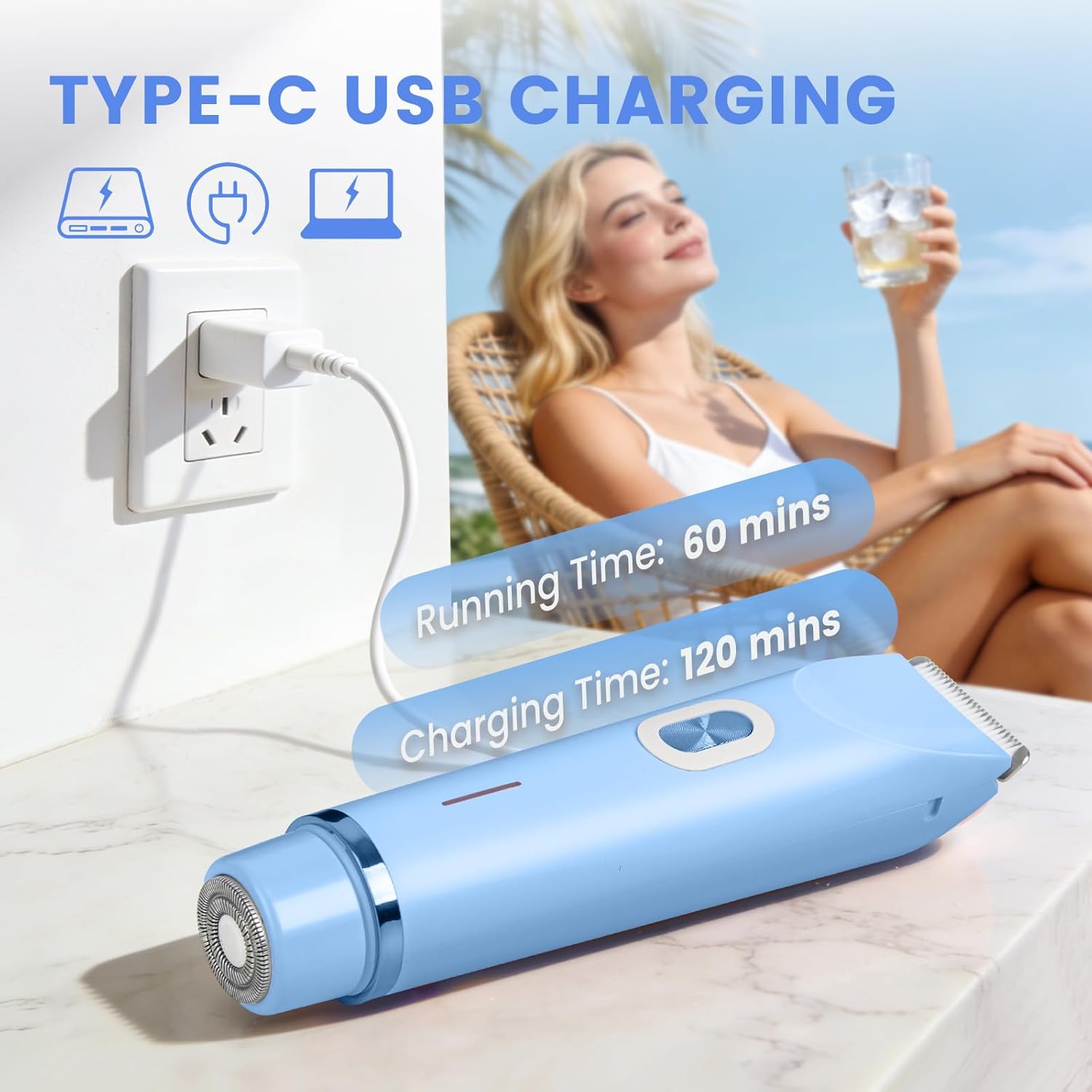 Thumbnail 5 de Brigin Damen-Rasierer 2-in-1 mit Doppelkopf, USB‑C-Laden und wasserdichtem Trimmerkopf (blau)