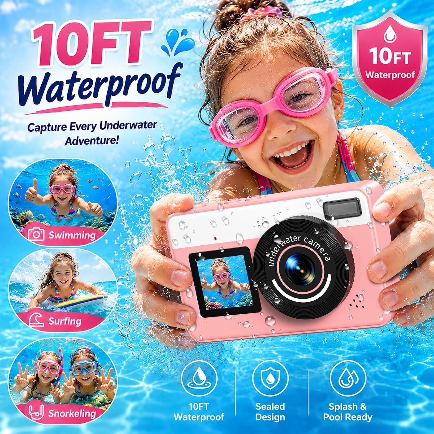 Detalle de Maxmango D70: Fotocamera subacquea 4K 48MP con doppio schermo e zoom 18x – Rosa