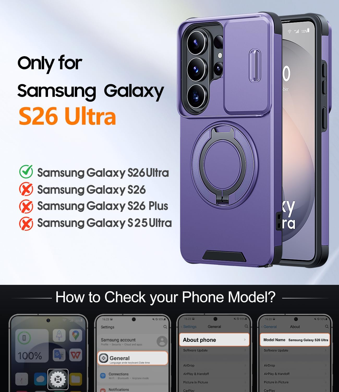 Thumbnail 1 de JAME for Samsung Galaxy S26 Ultra Case with Ring Holder, Slide Camera Cover, and Screen Protector