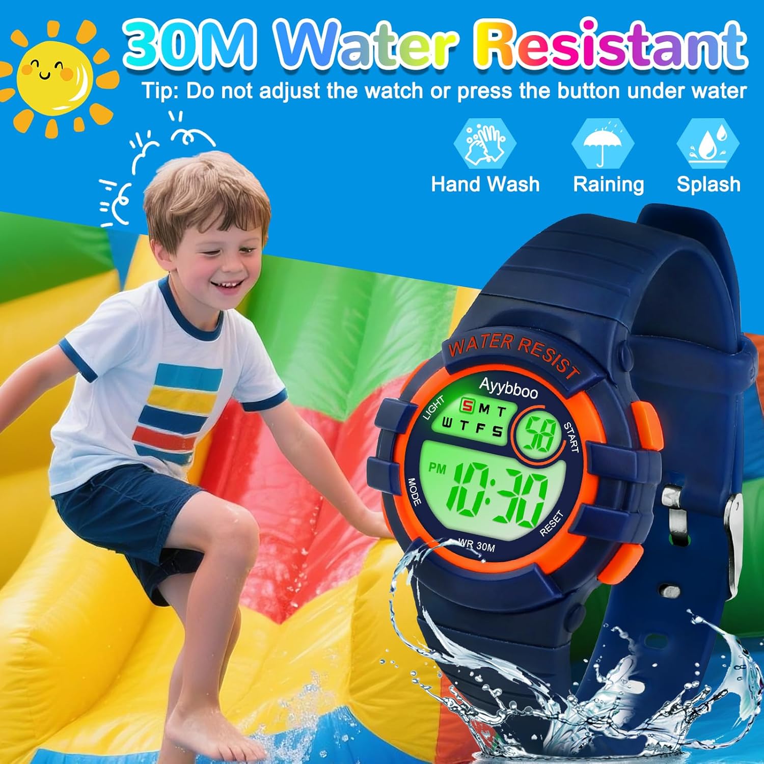 Detalle de Ayybboo Montre Enfant Numérique – LED 7 couleurs, étanche 30m, alarm et chronomètre, cadeau idéal