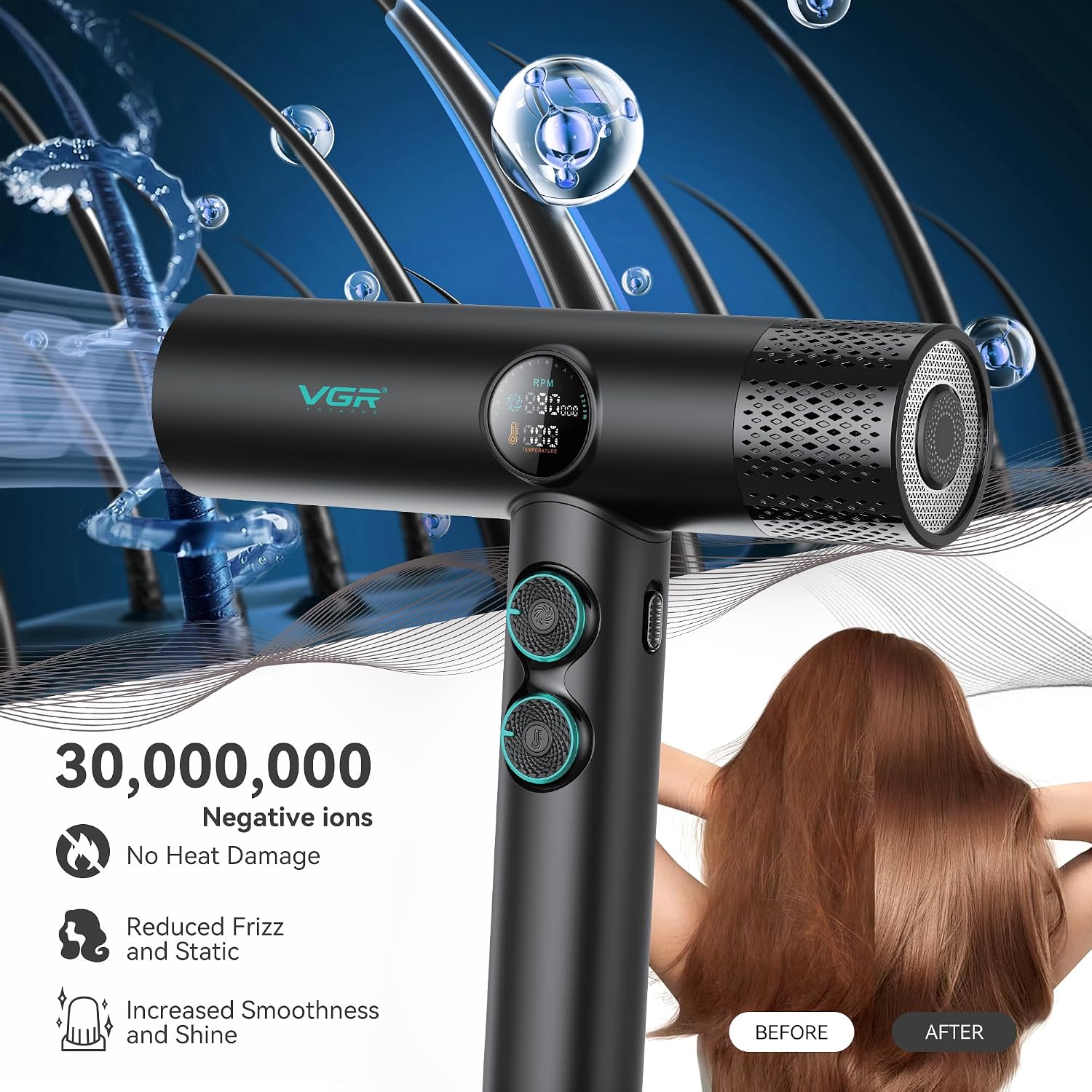 Detalle de VGR Professional Hair Dryer with Diffuser for Curly Hair – 1900W, Brushless Motor, Low Noise