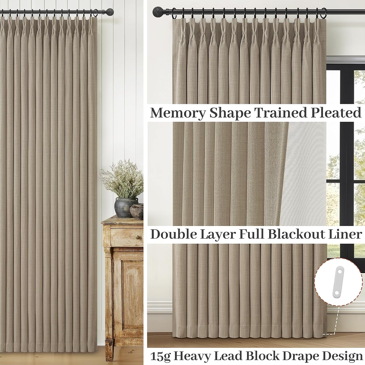 Detalle de LuxuNap 102-Inch Blackout Curtains, Linen Blend, Pinch-Pleated, 2 Panels