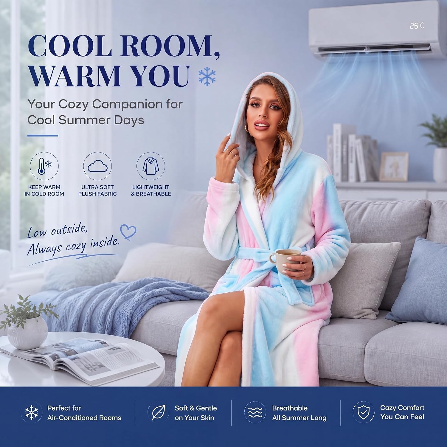 Detalle de RONGTAI Plush Fleece Hooded Bathrobe for Women – 300GSM Thick Flannel, Pockets, Mid-Calf Length