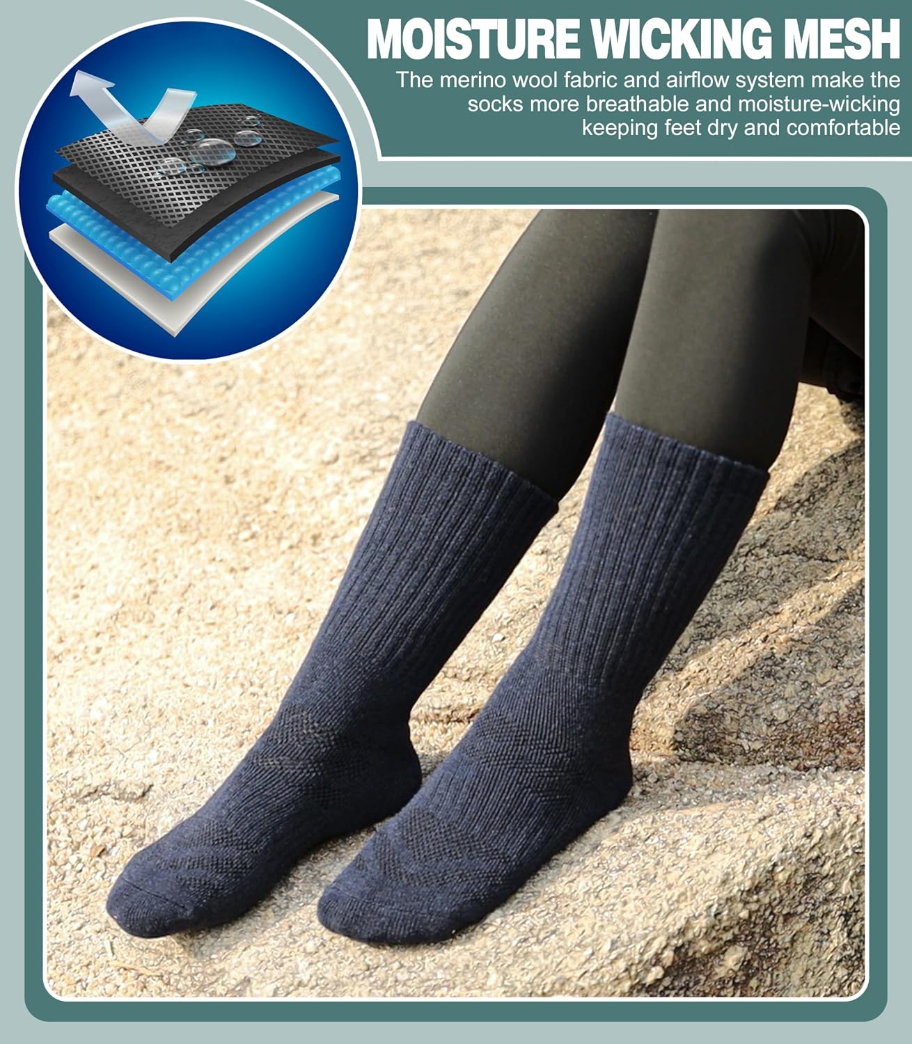 Detalle 2 de LANLEO Merino Wool Hiking Socks, 5-Pair Cushioned Moisture-Wicking Crew Socks