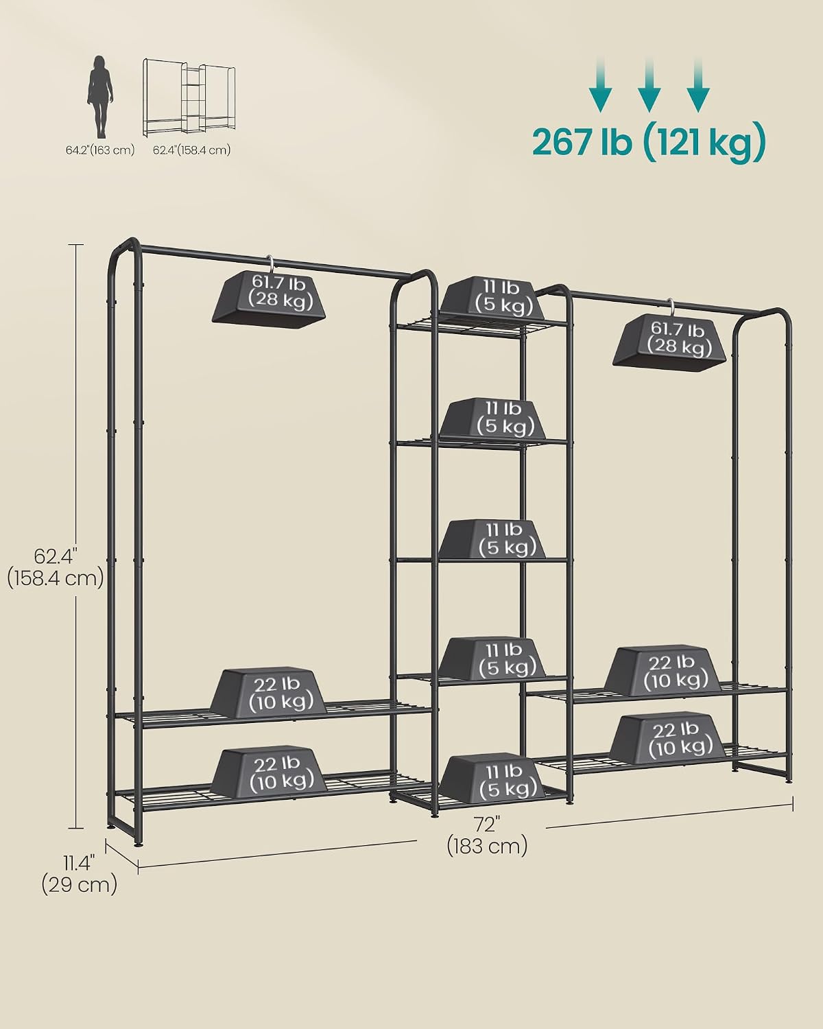 Thumbnail 5 de SONGMICS LGR463B01 Clothes Rail, Steel Open Wardrobe with Shelves, Matte Black