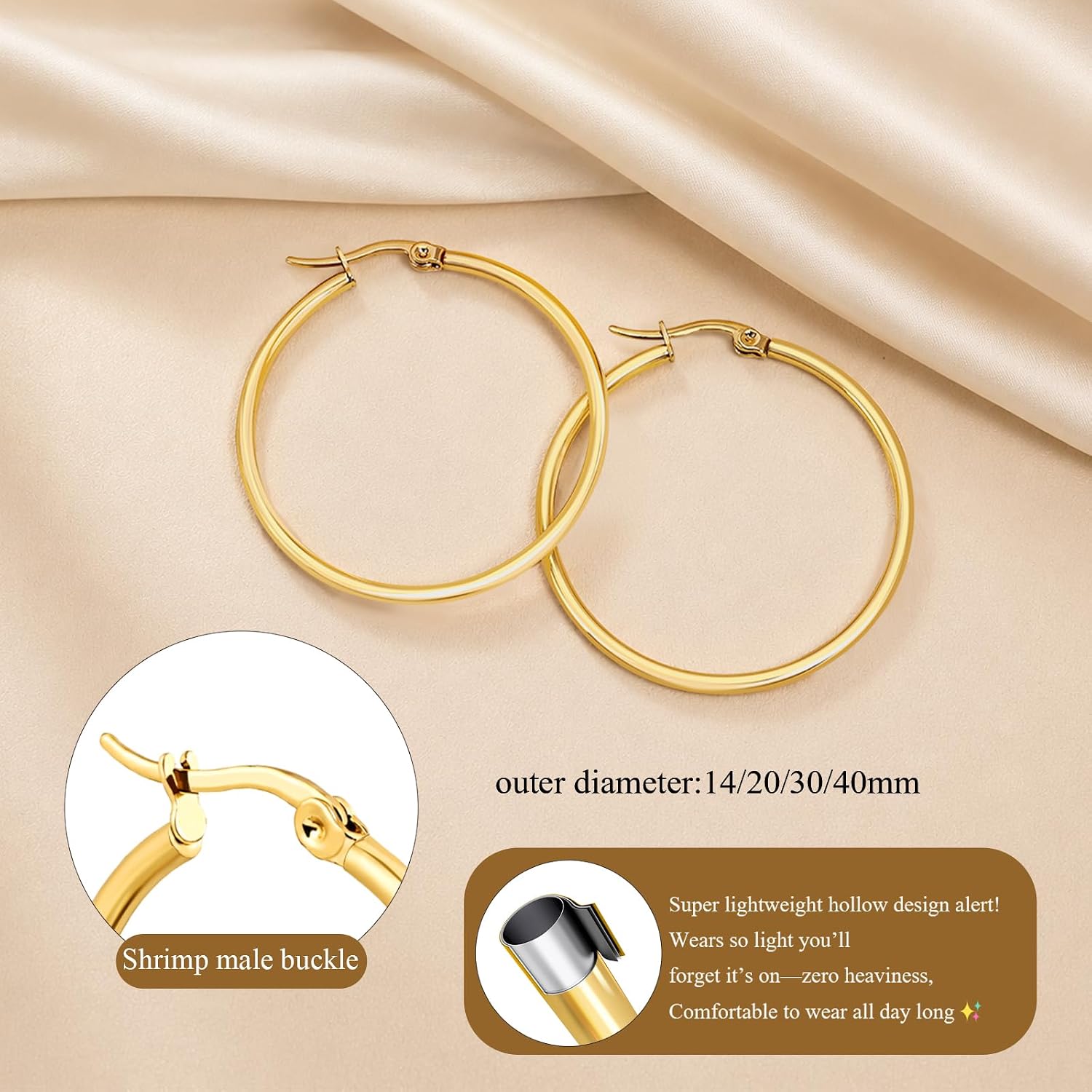 Detalle 2 de Sweetkiki 4 Pairs Gold Hoop Earrings for Women – Hypoallergenic 316L Stainless Steel, Large Hollow Hoops in 14/20/30/40mm