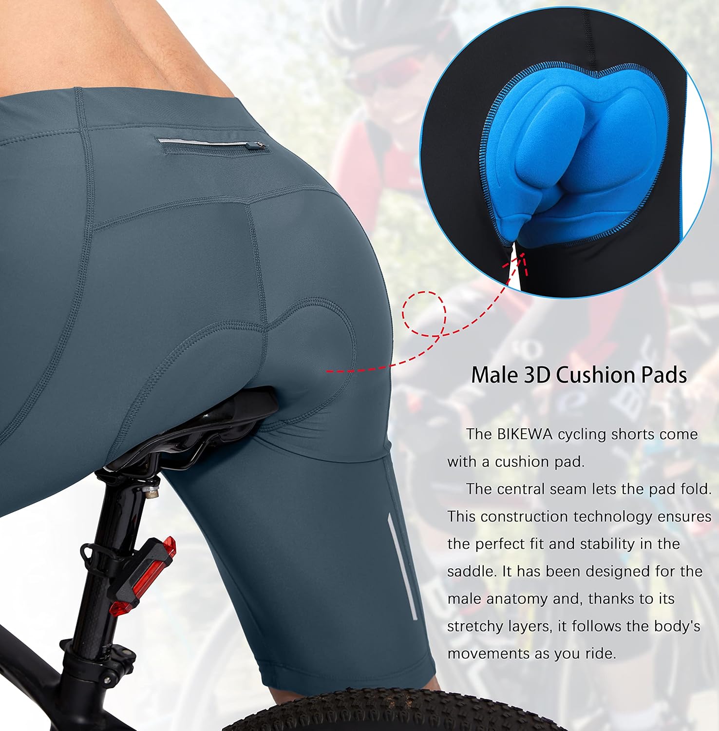 Thumbnail 3 de Bikewa Men’s Bike Shorts with 3D Padded Cycling Chamois, UPF 50+ and Zipper Pockets
