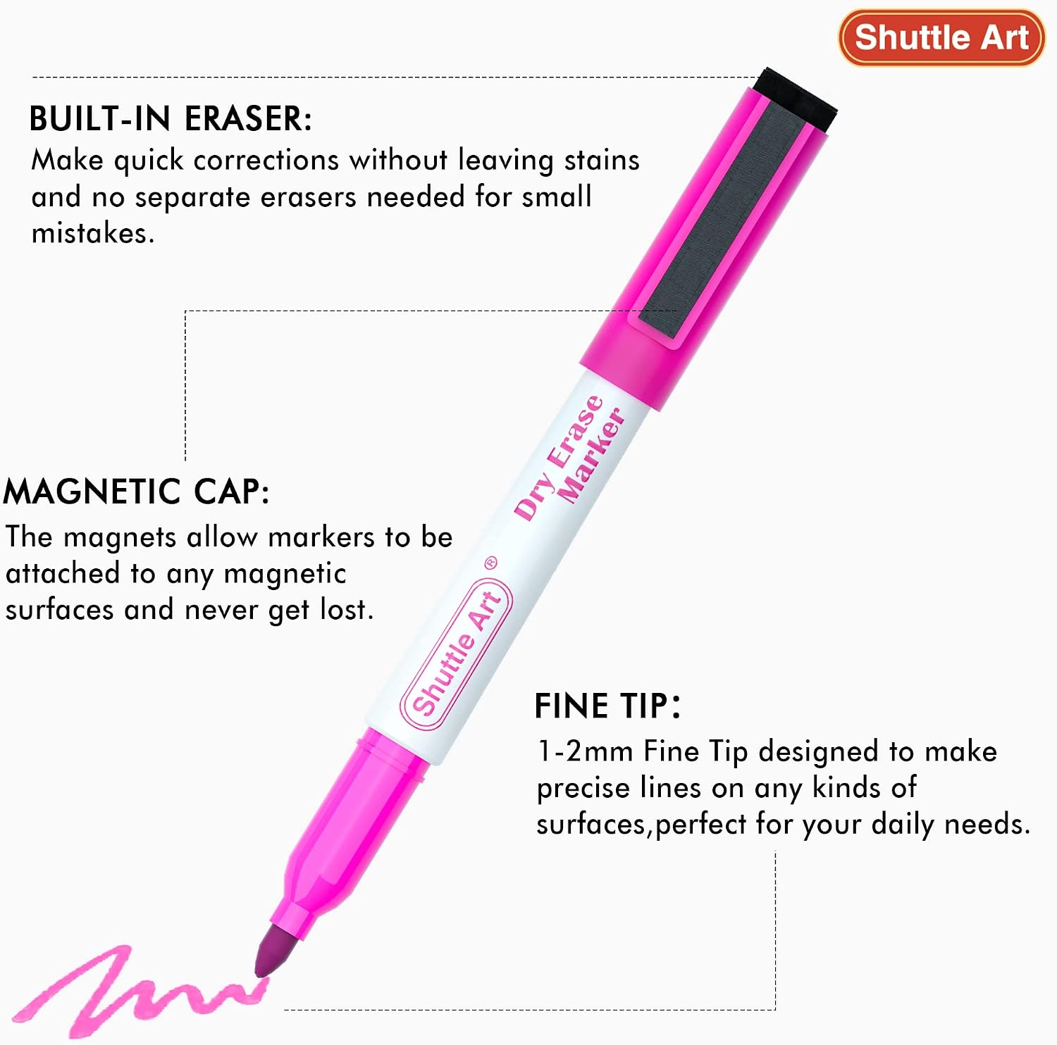 Detalle de Shuttle Art 15-Farben Whiteboard Marker Set mit Magnetkappen und Radiergummi – feine Spitze, trocken abwischbar
