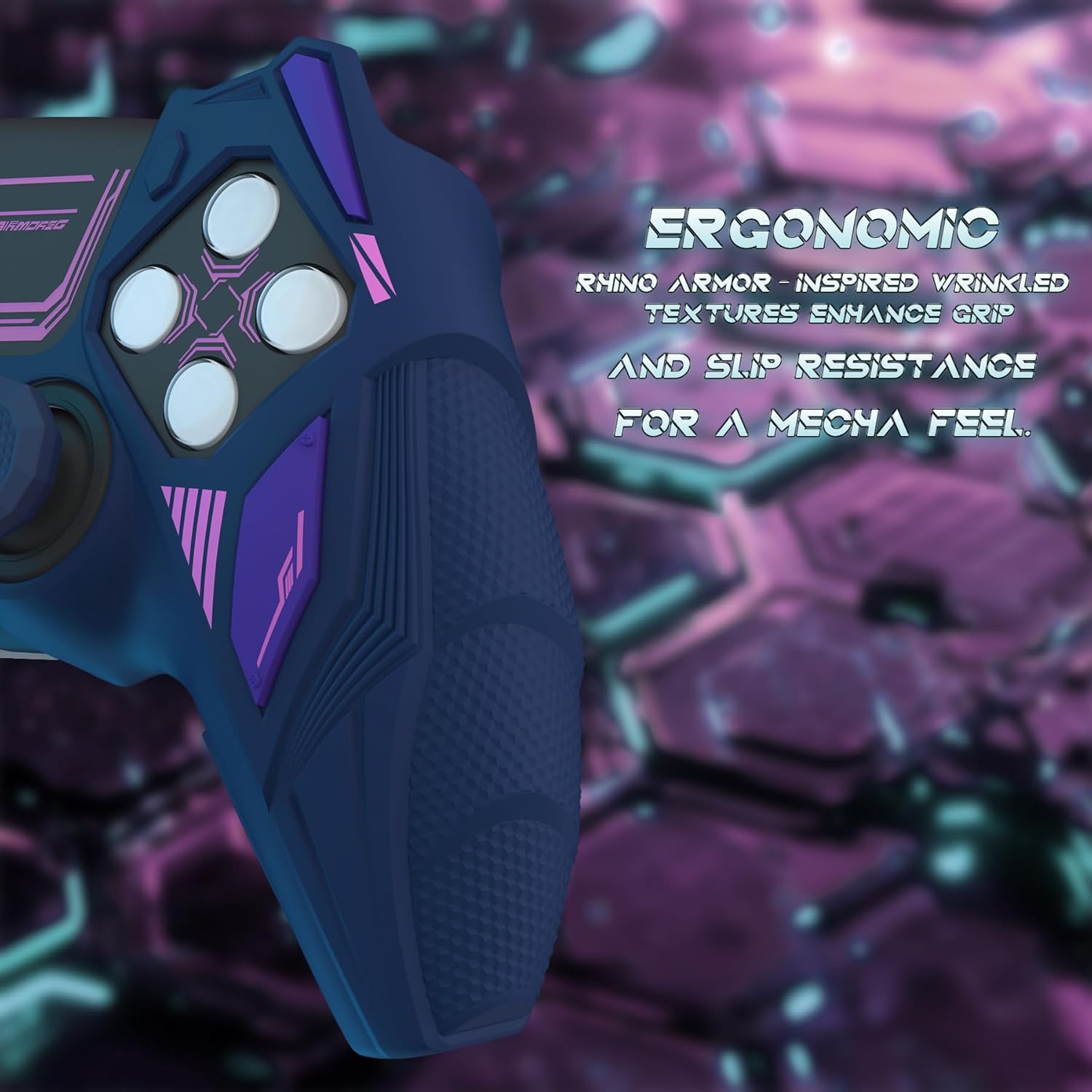 Thumbnail 2 de PlayVital Mecha Rhino silicone cover for PS5 controller with thumb grips & stickers (Midnight Blue & Purple)
