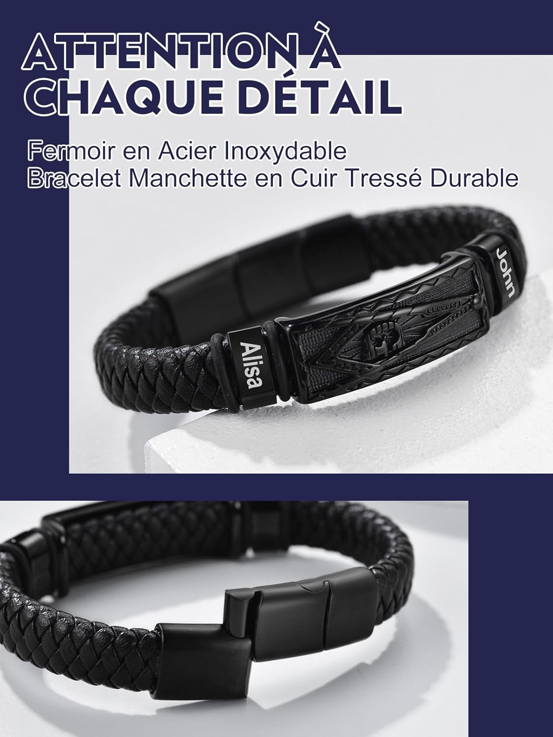Thumbnail 4 de Bandmax Bracelet Homme Cuir PU Tressé Noir 21/23 cm avec Manchette Marteau