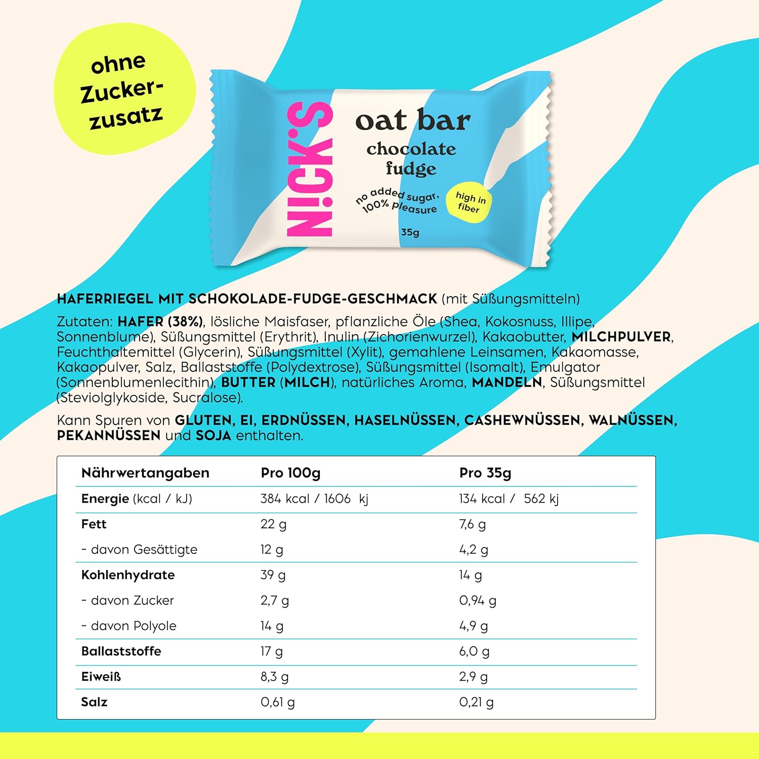 Thumbnail 1 de N!CK’S Haferriegel ohne Zuckerzusatz – Schokolade Fudge Flapjack Snack (12 Riegel à 35 g)