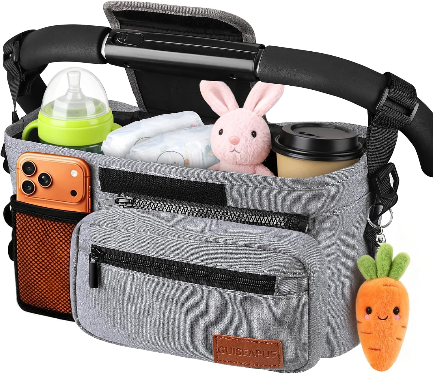 Detalle de Guiseapue Universal Kinderwagen-Organizer – Getränkehalter, Becherhalter und großzügige Aufbewahrung für unterwegs