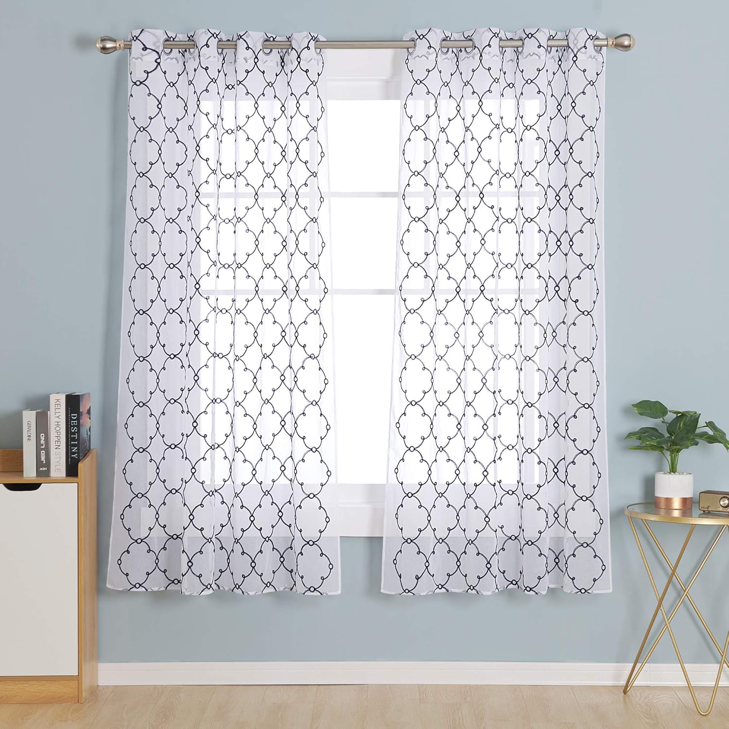 Thumbnail 1 de Deconovo navy blue eyelet faux linen voile curtains with diamond embroidery (55 x 69 drop, 1 pair)