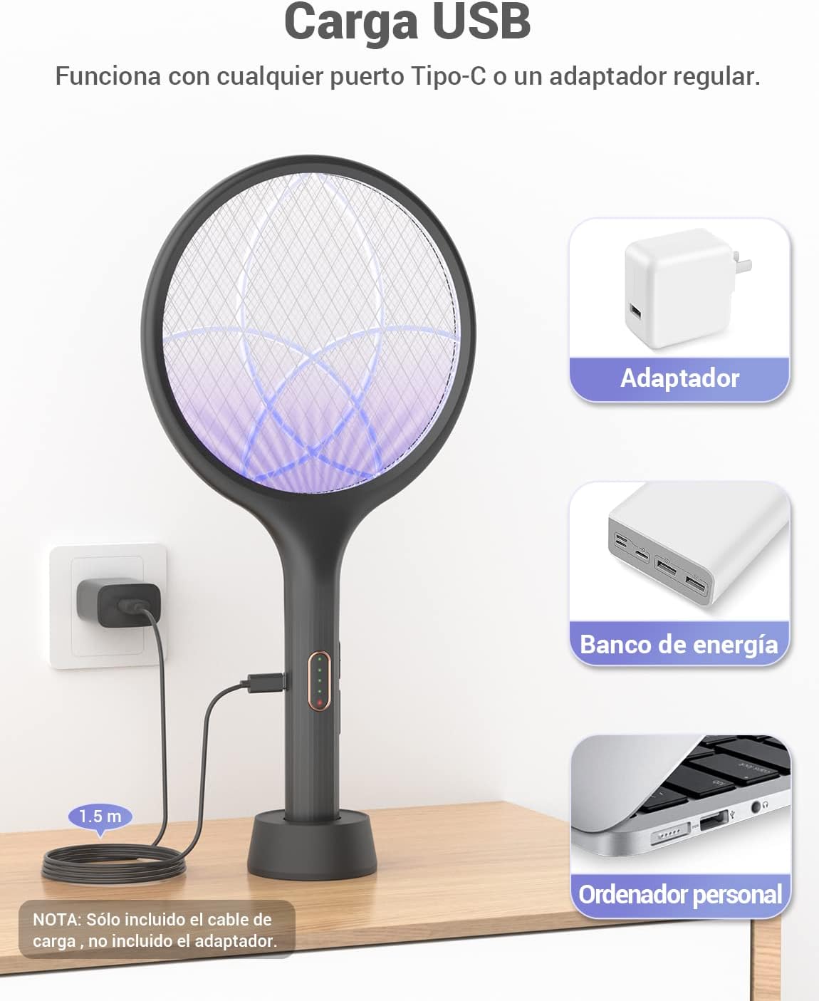 Detalle 2 de YISSVIC Raqueta Matamoscas Eléctrica 2 en 1 4000V USB Recargable 1500mAh – Negro