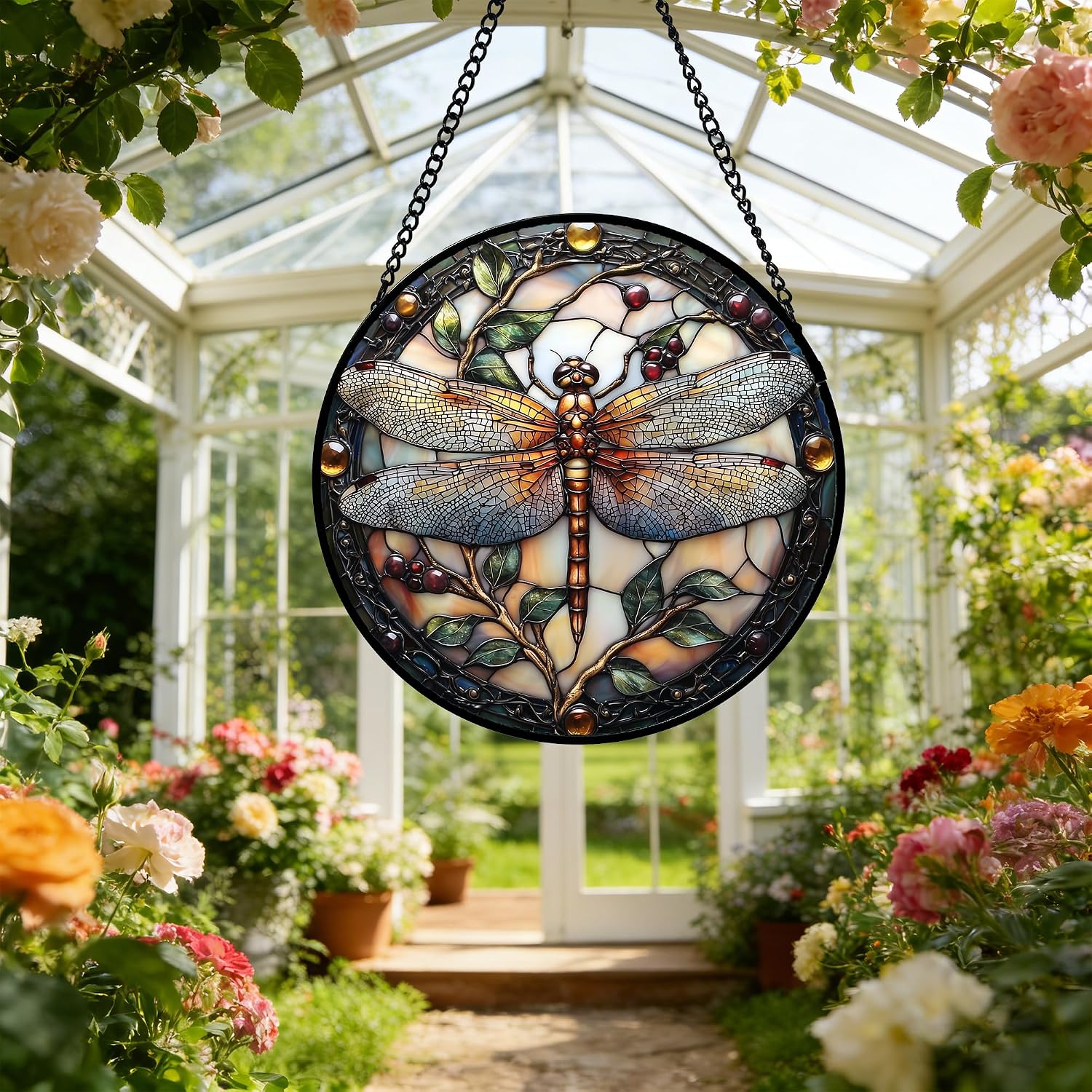Detalle 2 de DASTOLL Dragonfly Stained Glass Suncatcher, 9.8-Inch Hanging Window Decor