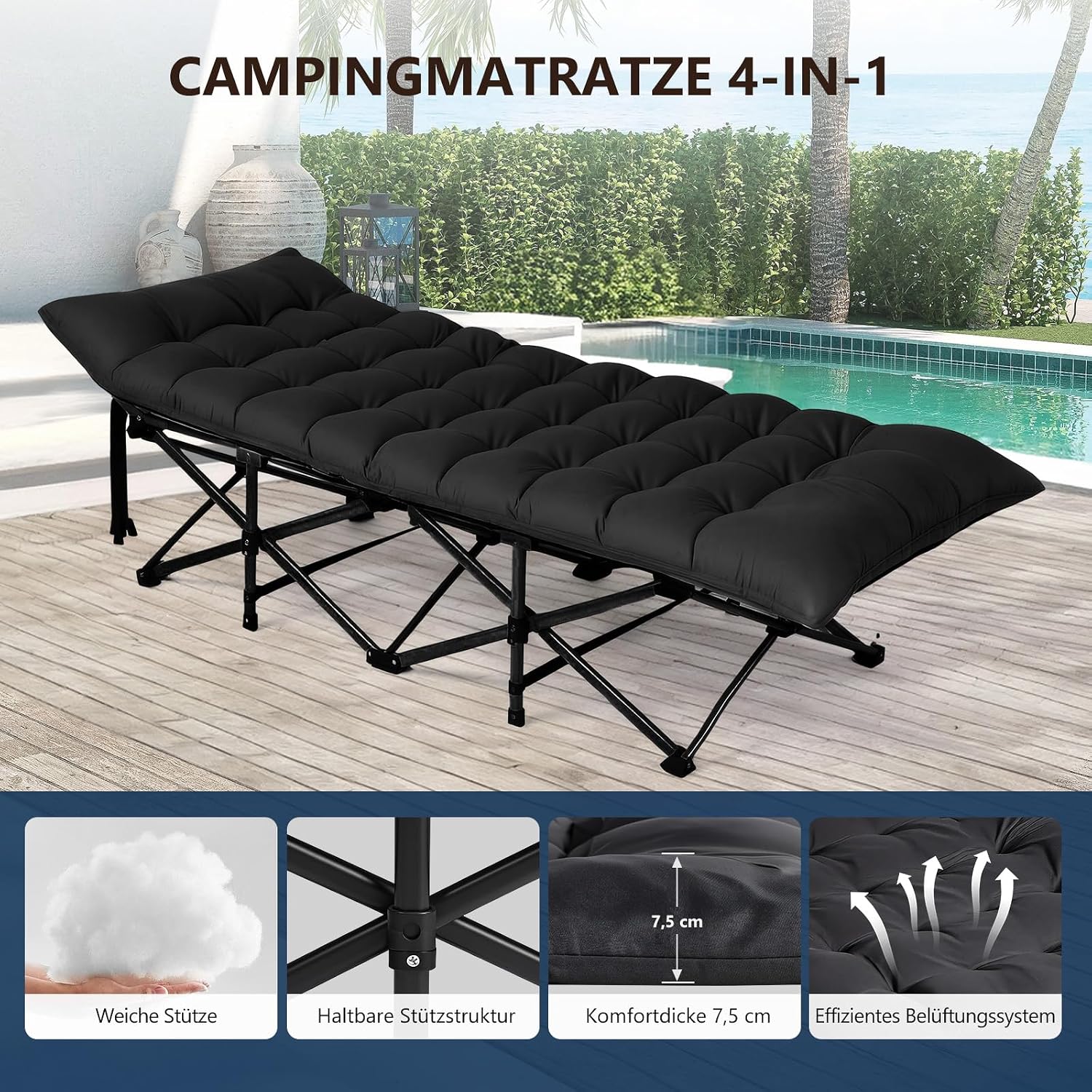 Detalle de Bonnlo Feldbett klappbar mit Matratze – XXL Campingbett 190 x 71 x 36 cm, bis 150 kg, Schwarz