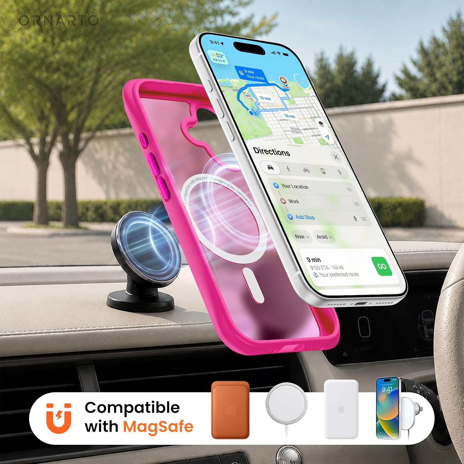 Thumbnail 6 de ORNARTO iPhone 16 Case, Hot Pink, MagSafe Compatible, 20-Foot Drop Protection
