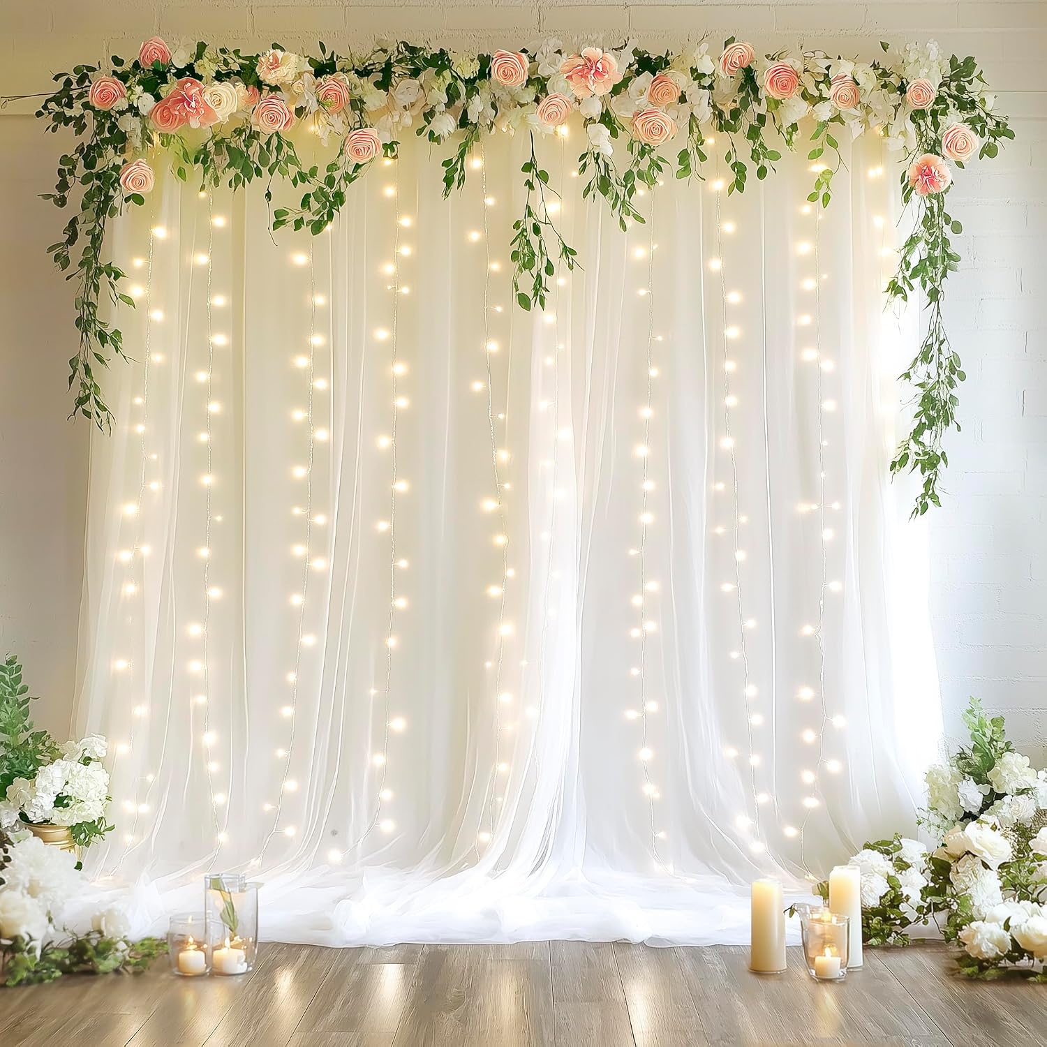 Detalle de Fomcet Tulle Backdrop Curtains with Lights – 2 Panels, 10ft String Lights, 5x8 ft Each