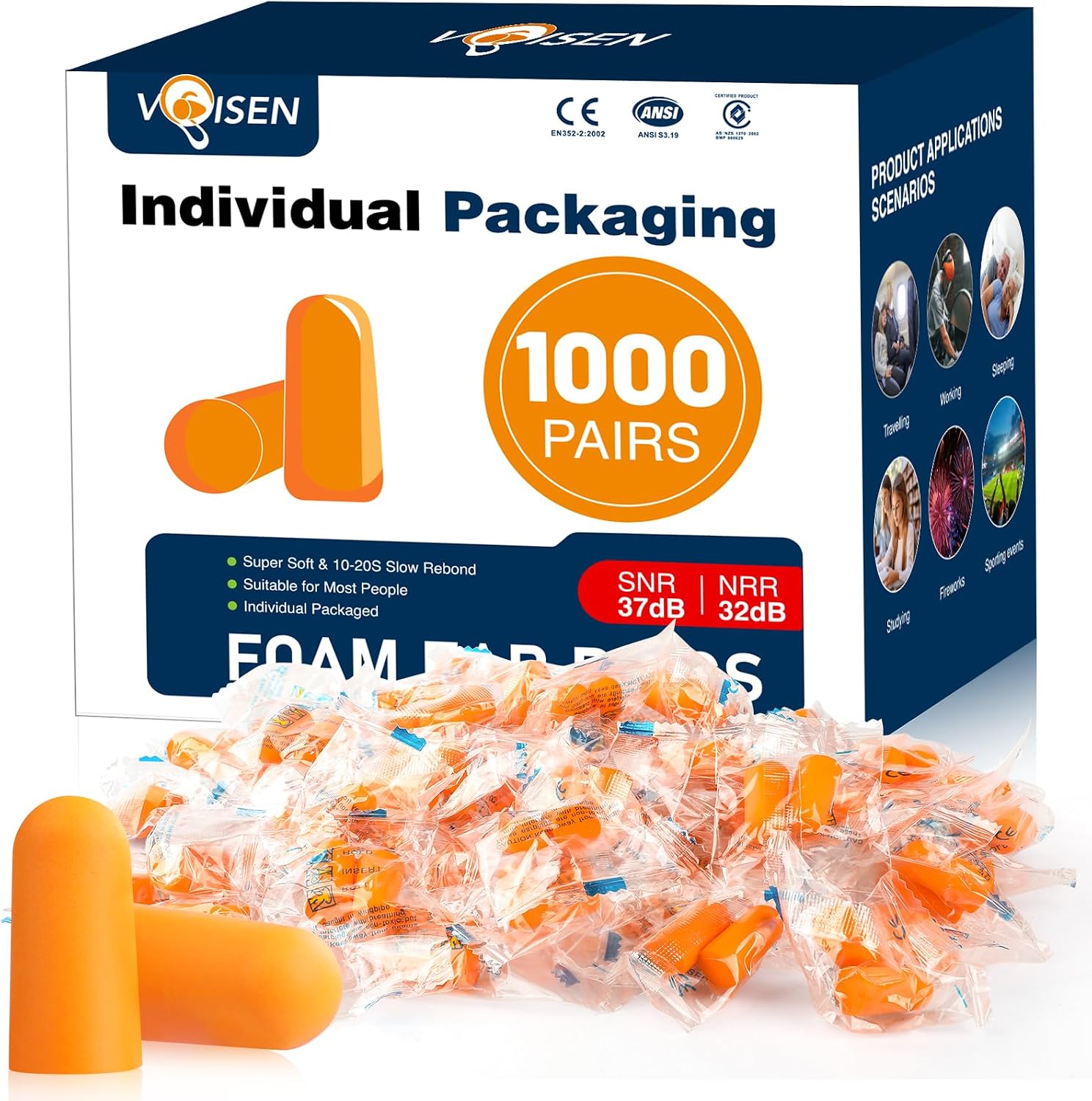 Detalle 2 de VOISEN Ear Plug: 250 Pairs of Soft Foam Ear Plugs with 32dB NRR for Sleep, Study, Travel & More