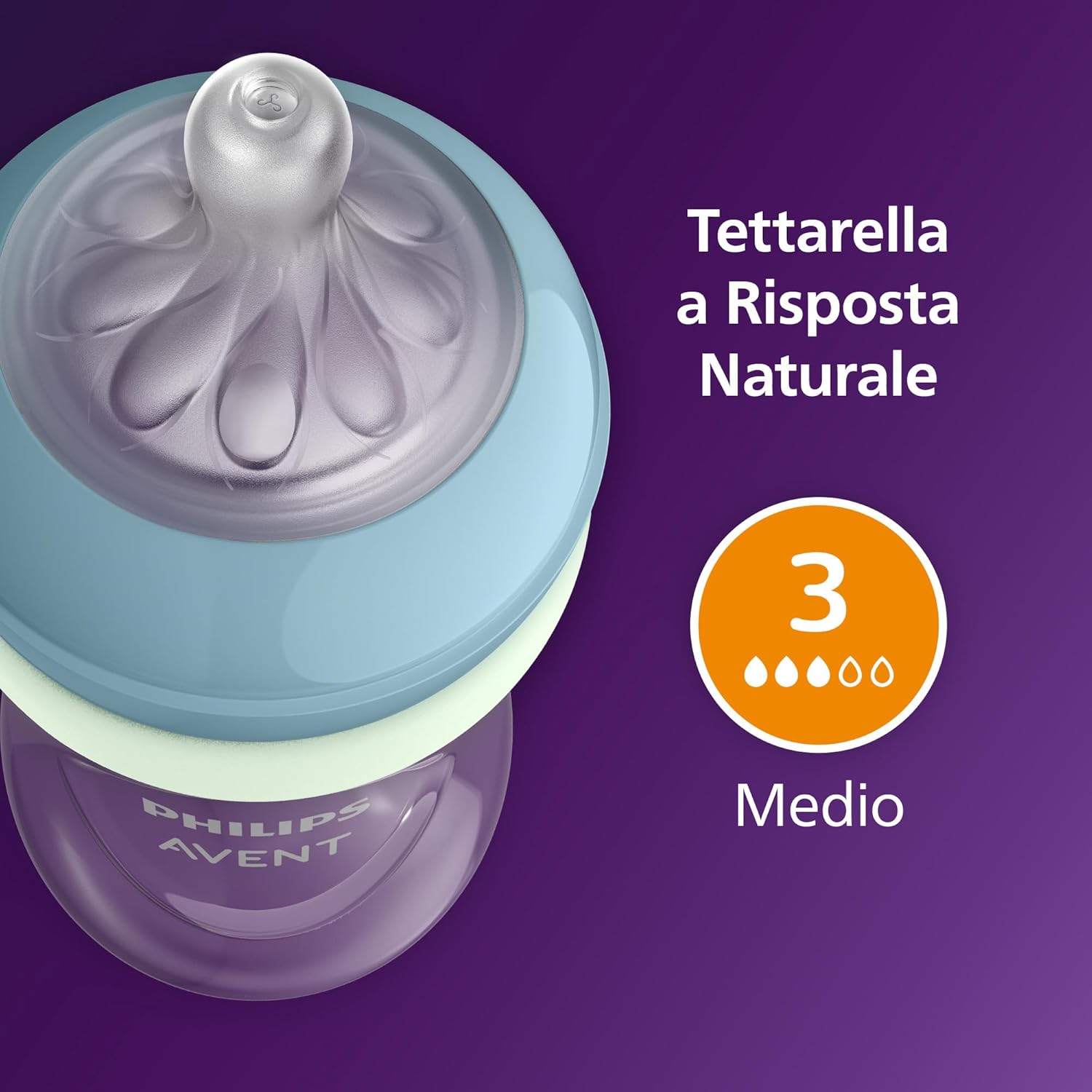 Thumbnail 6 de Philips Avent Set Nighttime a Risposta Naturale – Biberon 260 ml con tettarella Flusso 3, anello fosforescente e ciuccio Ultra Soft Nighttime