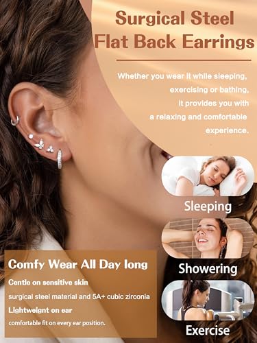 Detalle de CASSIECA 12 Pairs Silver Earrings – Hypoallergenic Flat Back Studs & Hoops